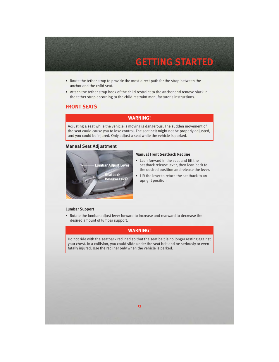 Front seats, Manual seat adjustment, Getting started | Dodge 2010 Challenger_SRT - Quick Reference Guide User Manual | Page 15 / 80