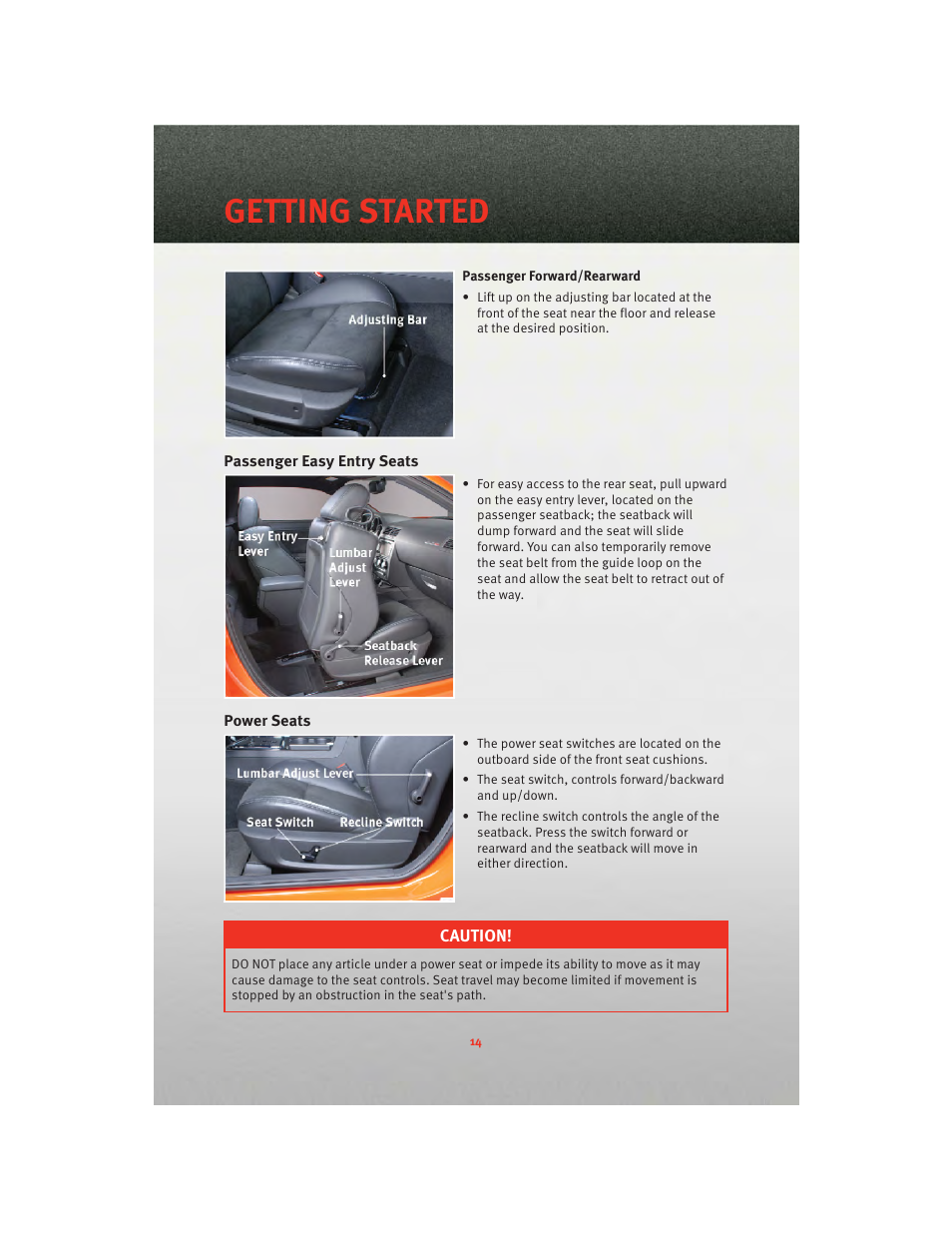 Passenger easy entry seats, Power seats, Getting started | Dodge 2010 Challenger_SRT - Quick Reference Guide User Manual | Page 16 / 80