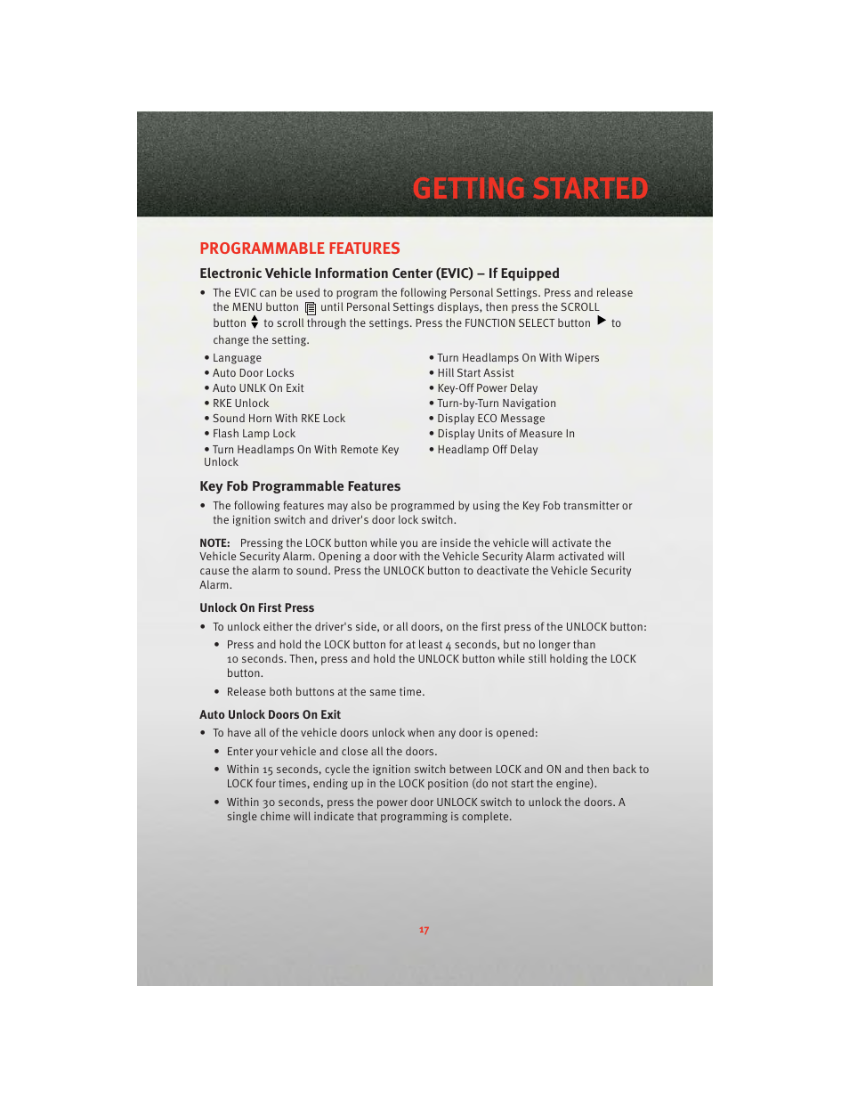 Programmable features, Key fob programmable features, Getting started | Dodge 2010 Challenger_SRT - Quick Reference Guide User Manual | Page 19 / 80