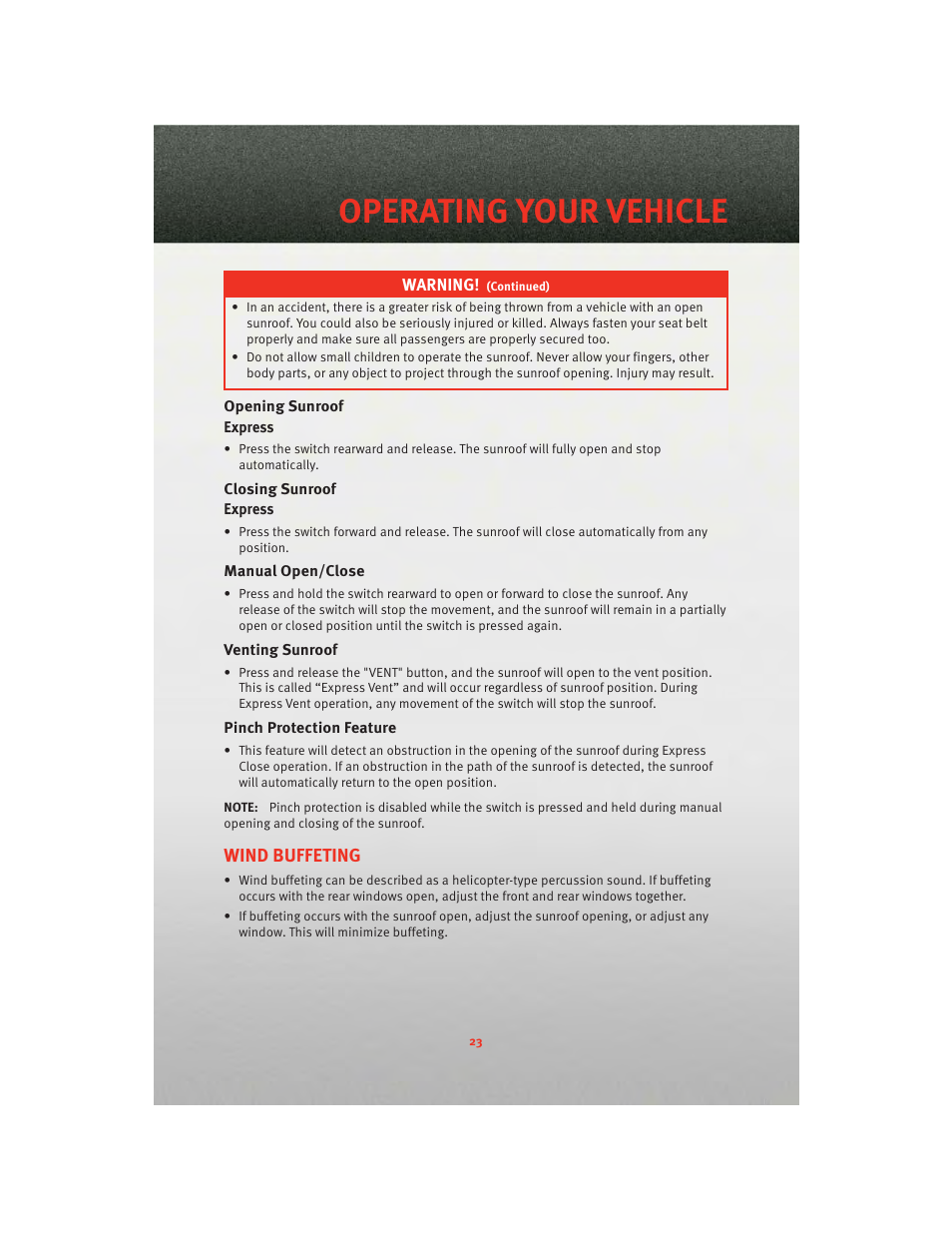 Opening sunroof, Closing sunroof, Manual open/close | Venting sunroof, Pinch protection feature, Wind buffeting, Operating your vehicle | Dodge 2010 Challenger_SRT - Quick Reference Guide User Manual | Page 25 / 80