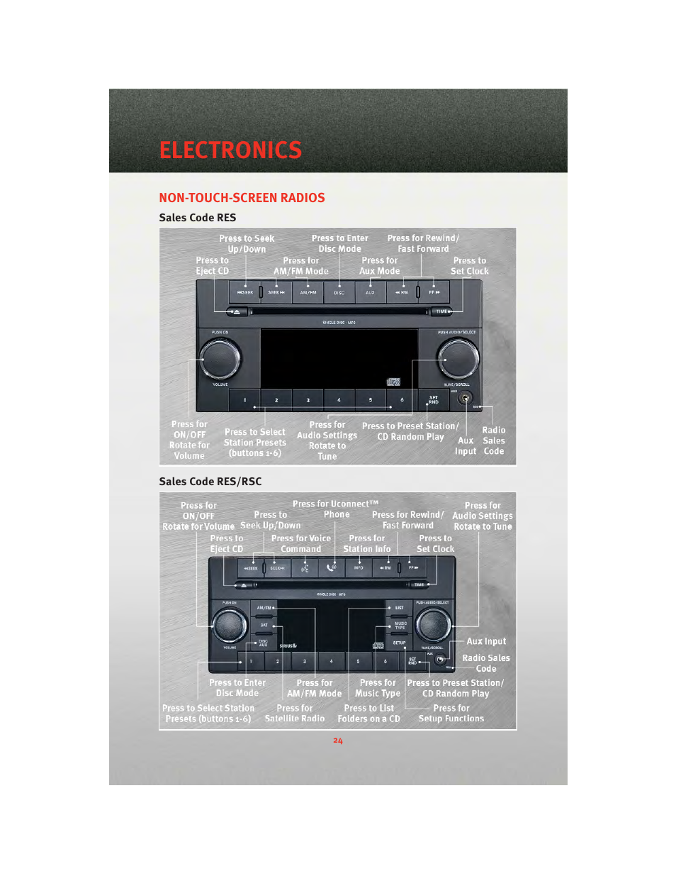 Electronics, Non-touch-screen radios, Sales code res | Sales code res/rsc | Dodge 2010 Challenger_SRT - Quick Reference Guide User Manual | Page 26 / 80