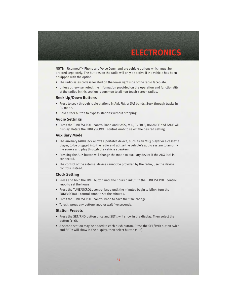 Seek up/down buttons, Audio settings, Auxiliary mode | Clock setting, Station presets, Electronics | Dodge 2010 Challenger_SRT - Quick Reference Guide User Manual | Page 27 / 80