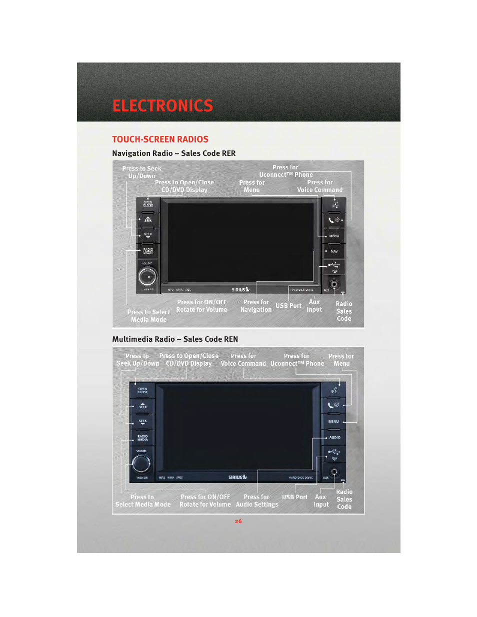 Touch-screen radios, Navigation radio – sales code rer, Multimedia radio – sales code ren | Electronics | Dodge 2010 Challenger_SRT - Quick Reference Guide User Manual | Page 28 / 80