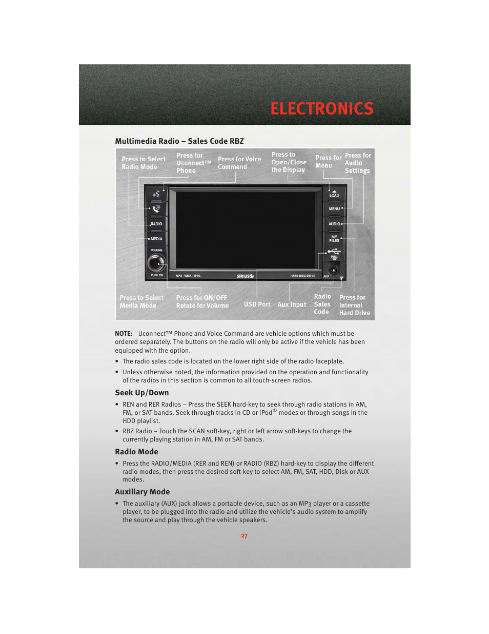 Multimedia radio – sales code rbz, Seek up/down, Radio mode | Auxiliary mode, Electronics | Dodge 2010 Challenger_SRT - Quick Reference Guide User Manual | Page 29 / 80