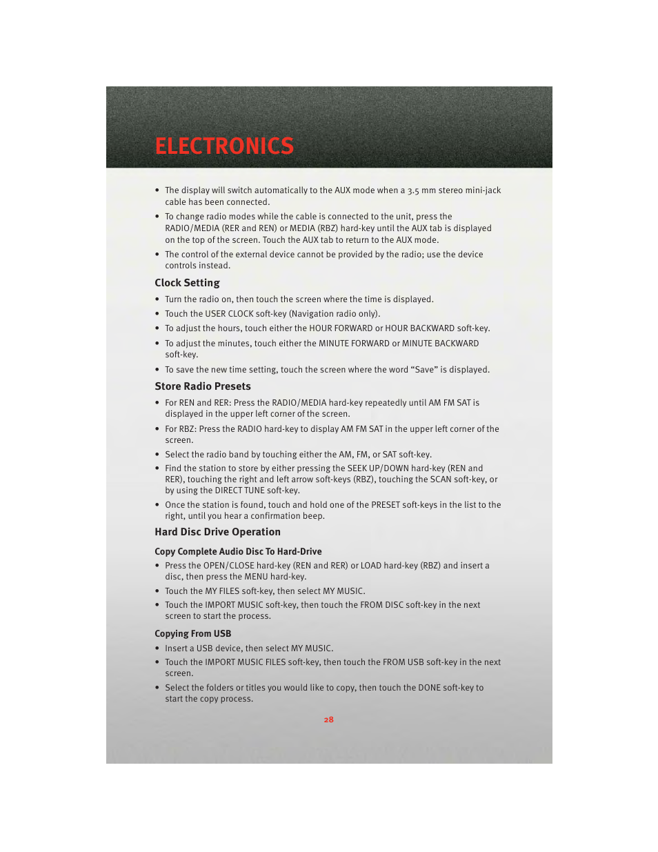 Clock setting, Store radio presets, Hard disc drive operation | Electronics | Dodge 2010 Challenger_SRT - Quick Reference Guide User Manual | Page 30 / 80
