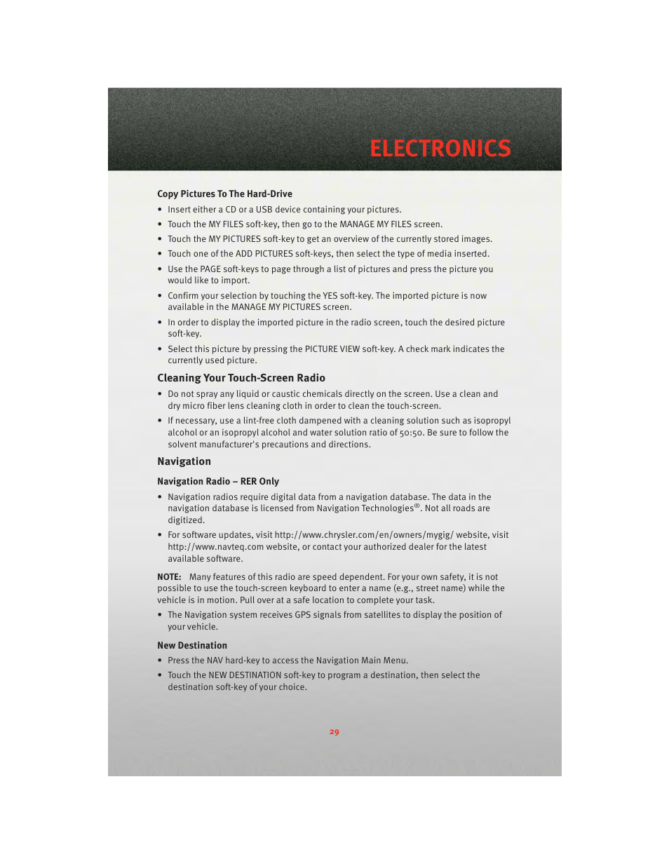 Cleaning your touch-screen radio, Navigation, Electronics | Dodge 2010 Challenger_SRT - Quick Reference Guide User Manual | Page 31 / 80