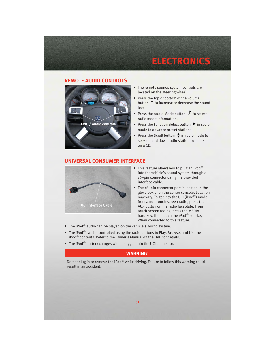 Remote audio controls, Universal consumer interface, Electronics | Warning | Dodge 2010 Challenger_SRT - Quick Reference Guide User Manual | Page 33 / 80