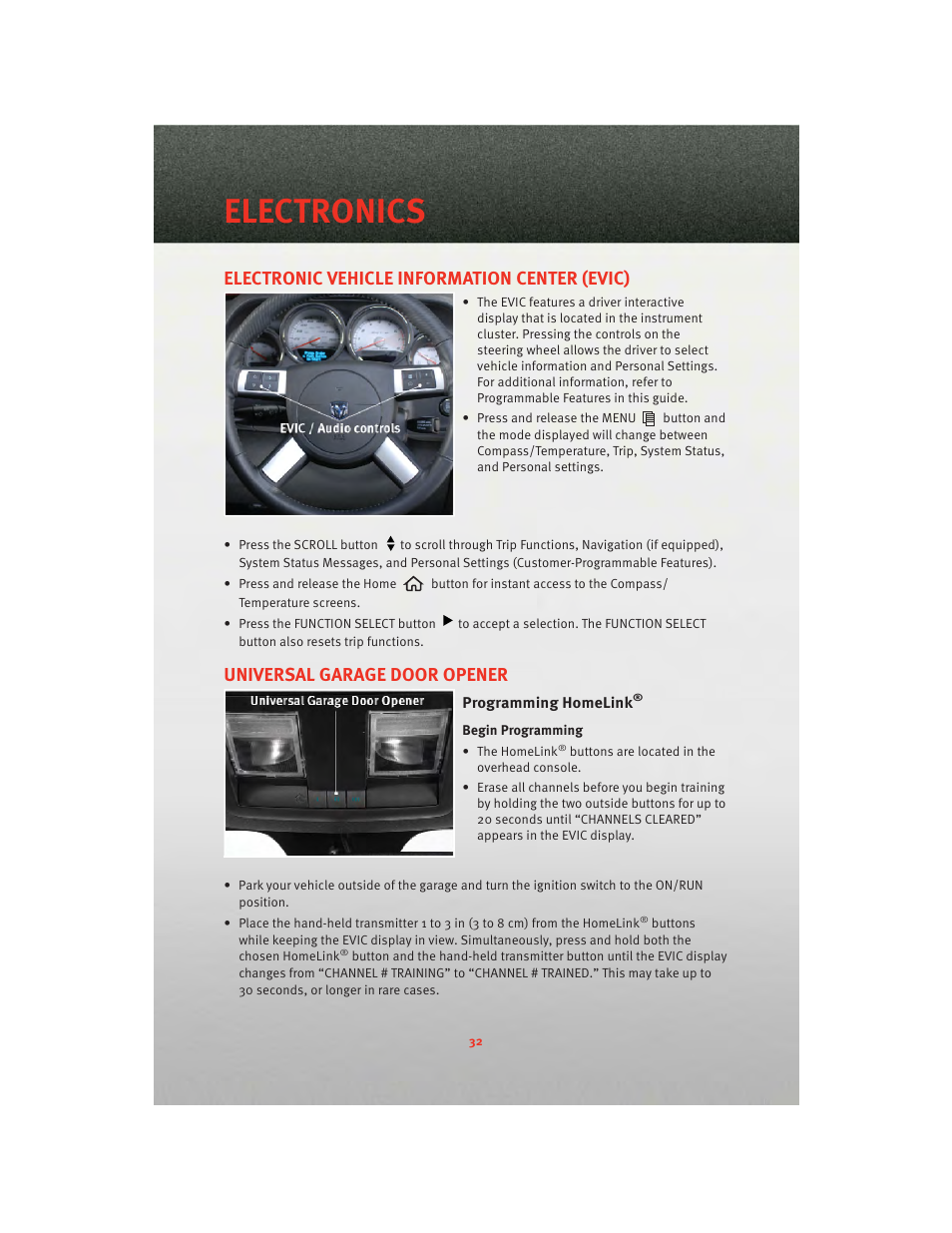 Electronic vehicle information center (evic), Universal garage door opener, Programming homelink | Electronics | Dodge 2010 Challenger_SRT - Quick Reference Guide User Manual | Page 34 / 80