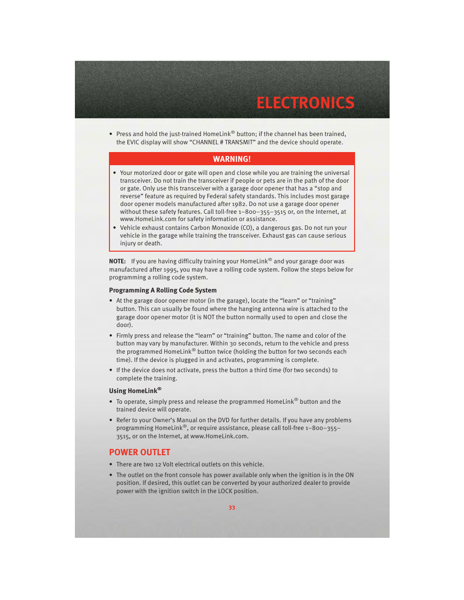 Power outlet, Electronics, Warning | Dodge 2010 Challenger_SRT - Quick Reference Guide User Manual | Page 35 / 80