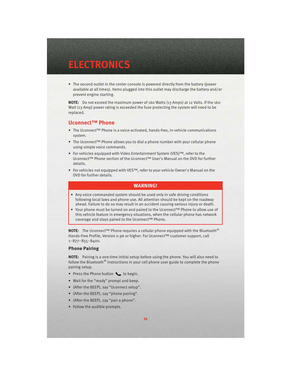 Uconnect™ phone, Phone pairing, Electronics | Dodge 2010 Challenger_SRT - Quick Reference Guide User Manual | Page 36 / 80