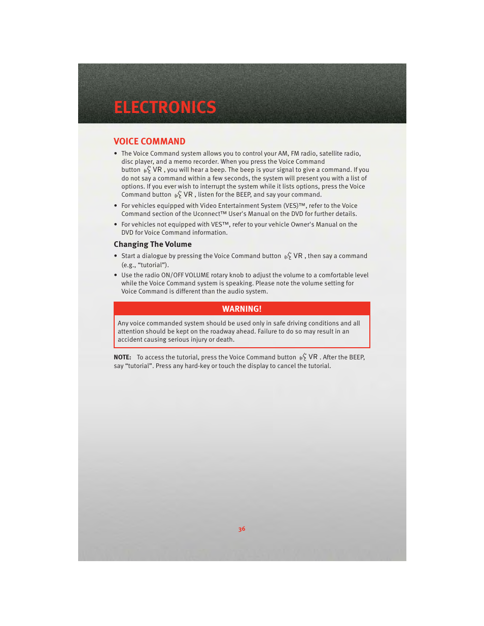 Voice command, Changing the volume, Electronics | Dodge 2010 Challenger_SRT - Quick Reference Guide User Manual | Page 38 / 80