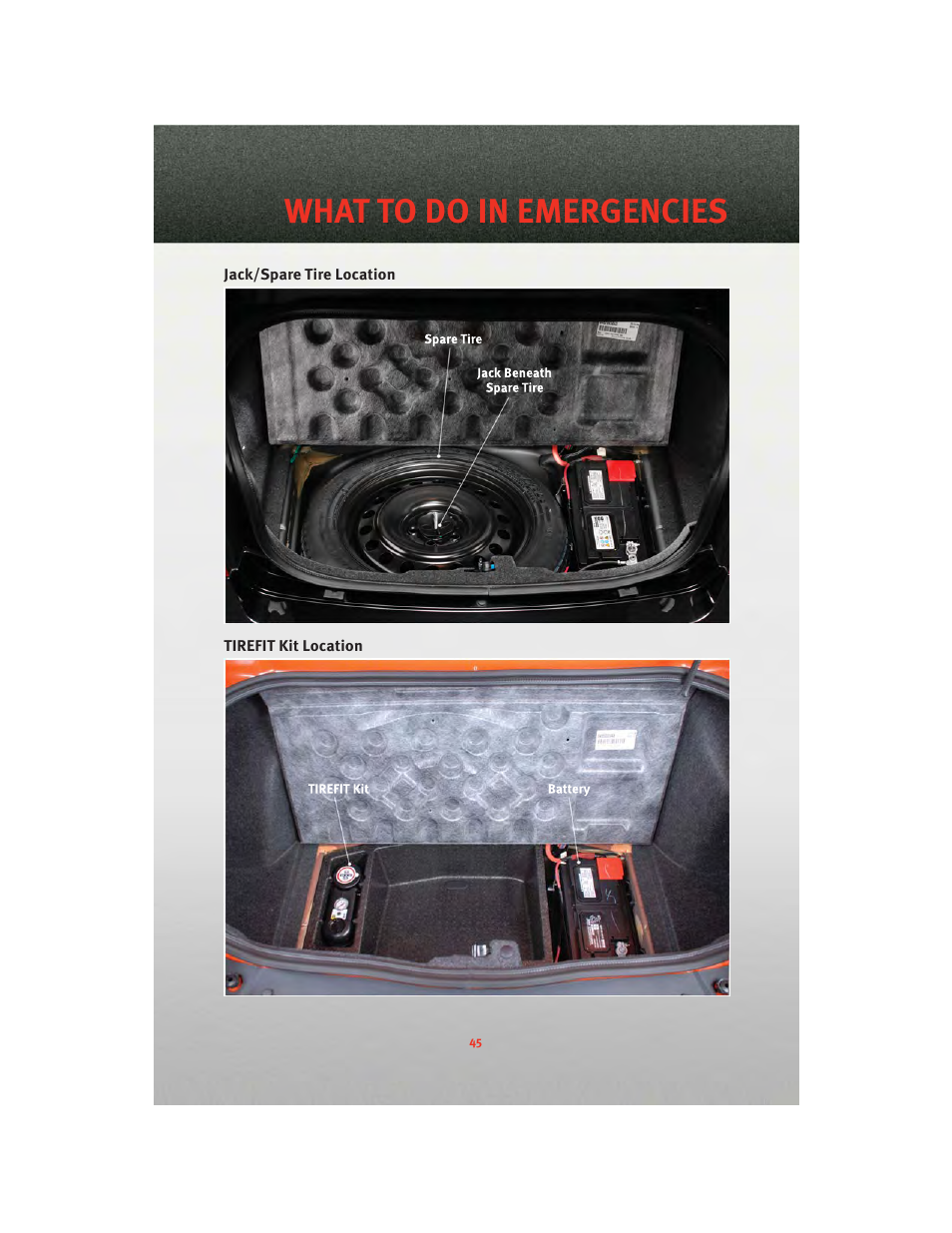 Jack/spare tire location, Tirefit kit location, What to do in emergencies | Dodge 2010 Challenger_SRT - Quick Reference Guide User Manual | Page 47 / 80