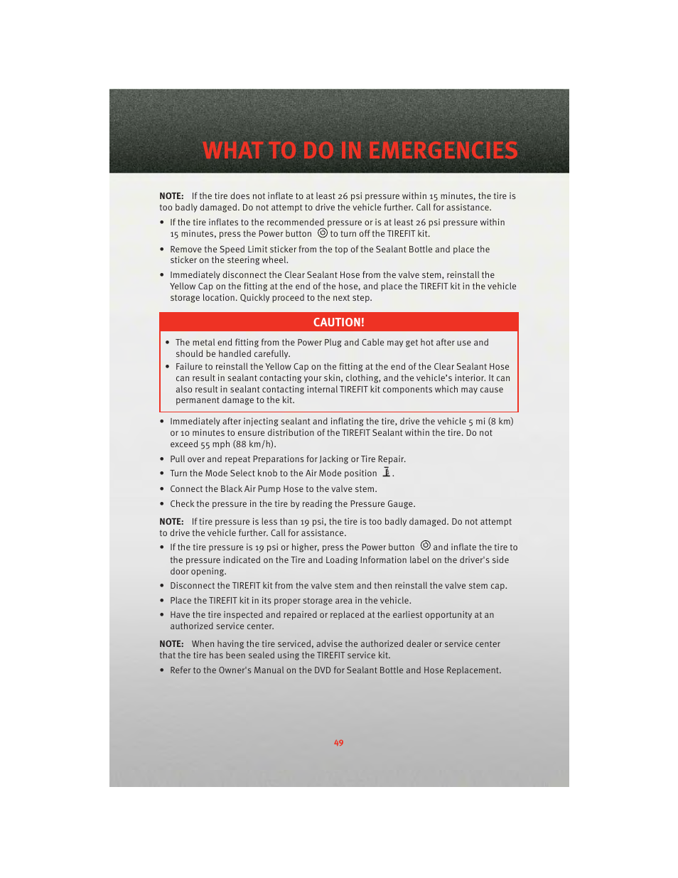 What to do in emergencies | Dodge 2010 Challenger_SRT - Quick Reference Guide User Manual | Page 51 / 80