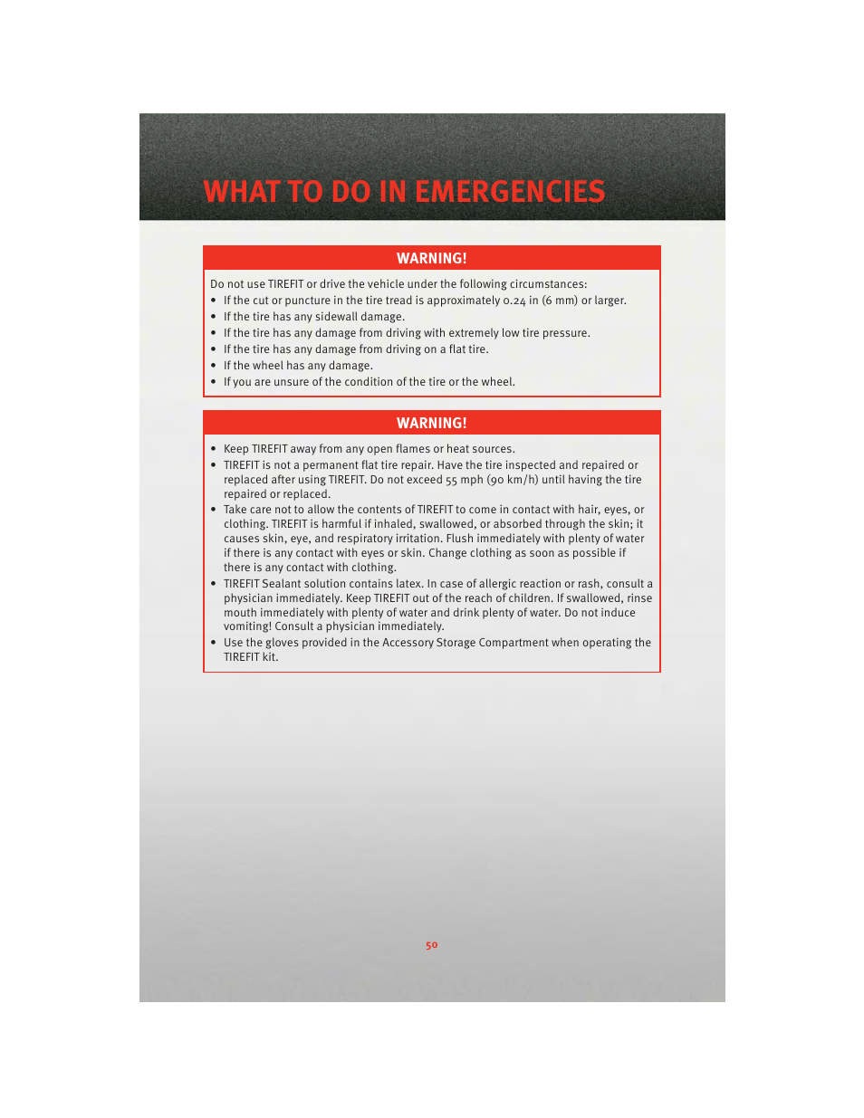 What to do in emergencies | Dodge 2010 Challenger_SRT - Quick Reference Guide User Manual | Page 52 / 80