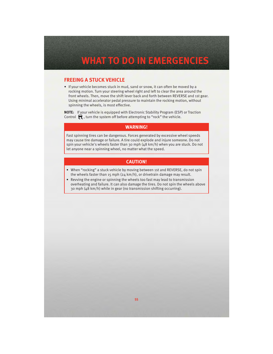 Freeing a stuck vehicle, What to do in emergencies | Dodge 2010 Challenger_SRT - Quick Reference Guide User Manual | Page 57 / 80