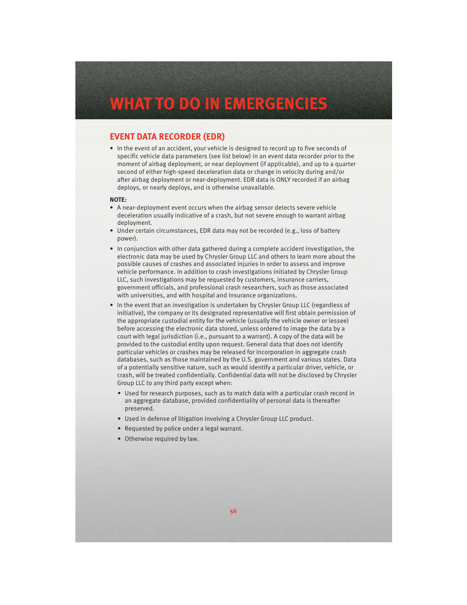 Event data recorder (edr), What to do in emergencies | Dodge 2010 Challenger_SRT - Quick Reference Guide User Manual | Page 58 / 80