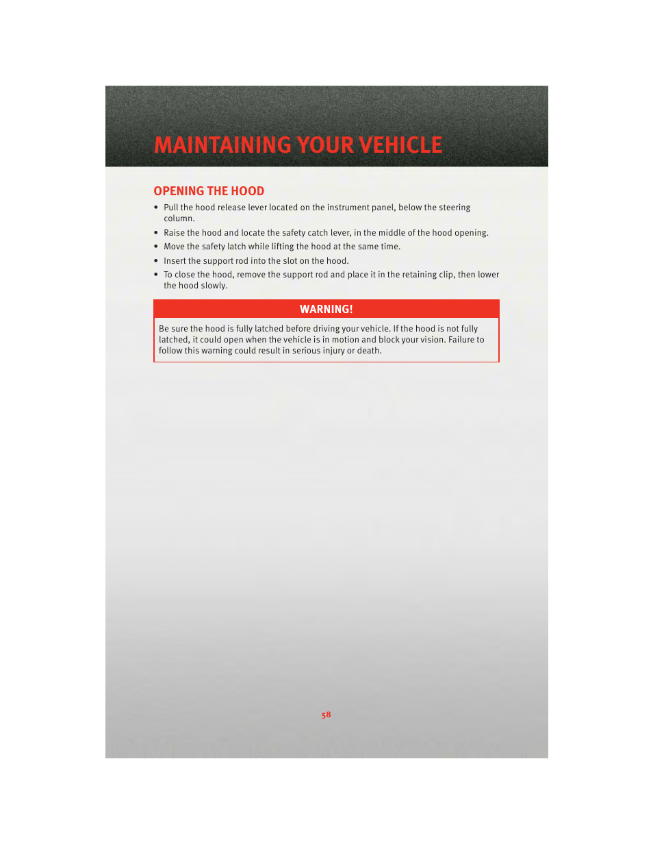 Maintaining your vehicle, Opening the hood, Engine compartment | Dodge 2010 Challenger_SRT - Quick Reference Guide User Manual | Page 60 / 80