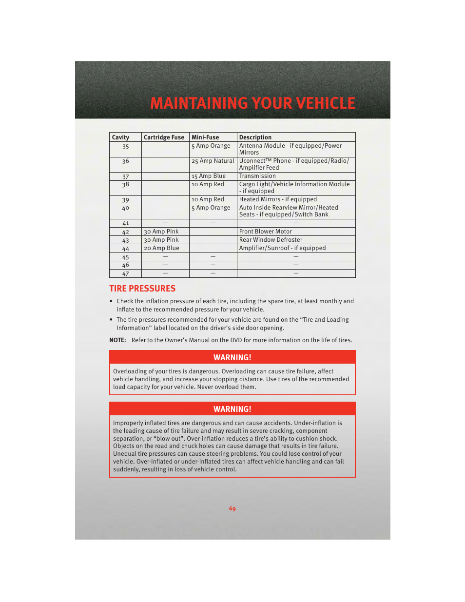 Tire pressures, Maintaining your vehicle | Dodge 2010 Challenger_SRT - Quick Reference Guide User Manual | Page 71 / 80