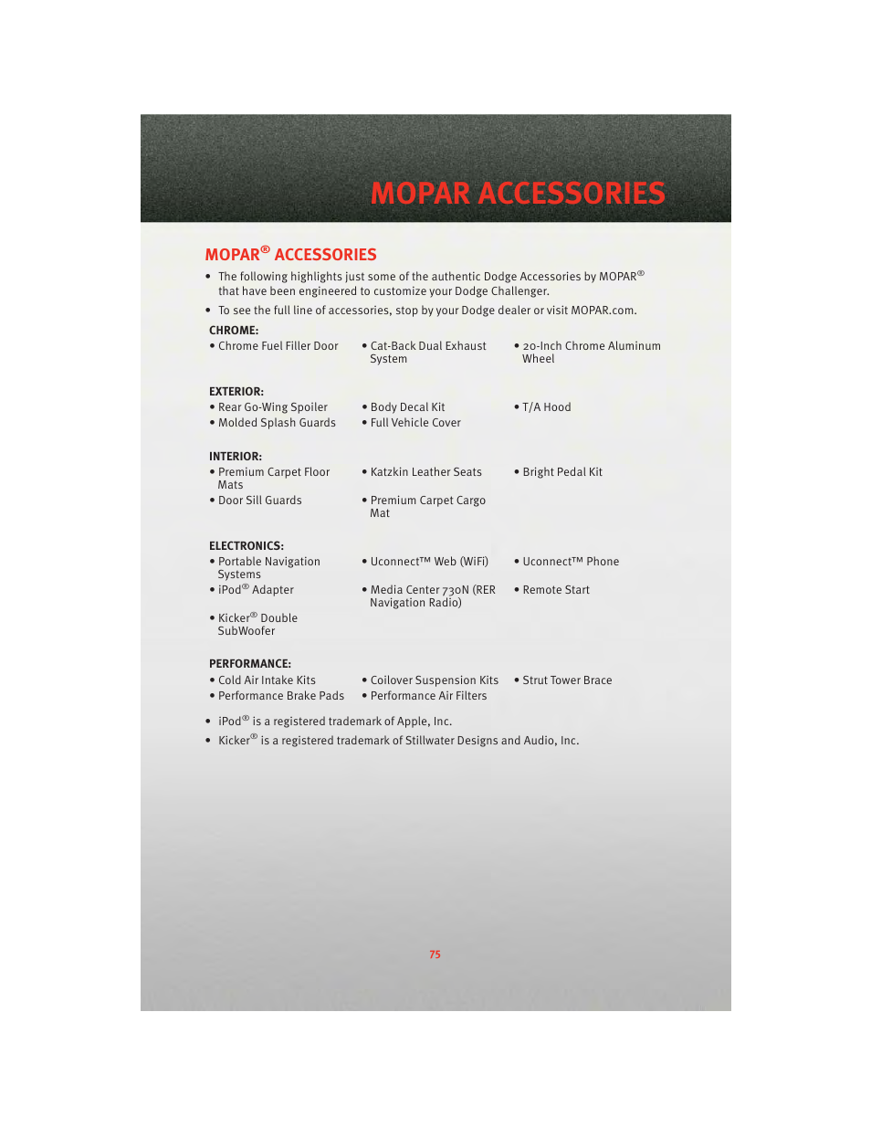 Mopar accessories, Mopar® accessories, Mopar | Accessories | Dodge 2010 Challenger_SRT - Quick Reference Guide User Manual | Page 77 / 80