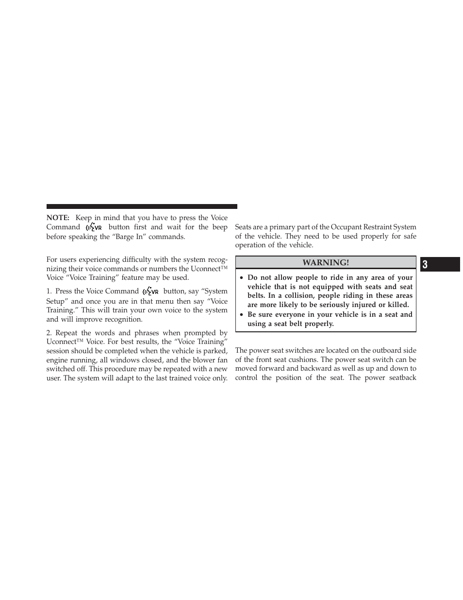 Voice training, Seats, Power seats | Dodge 2010 Challenger_SRT - Owner Manual User Manual | Page 121 / 444
