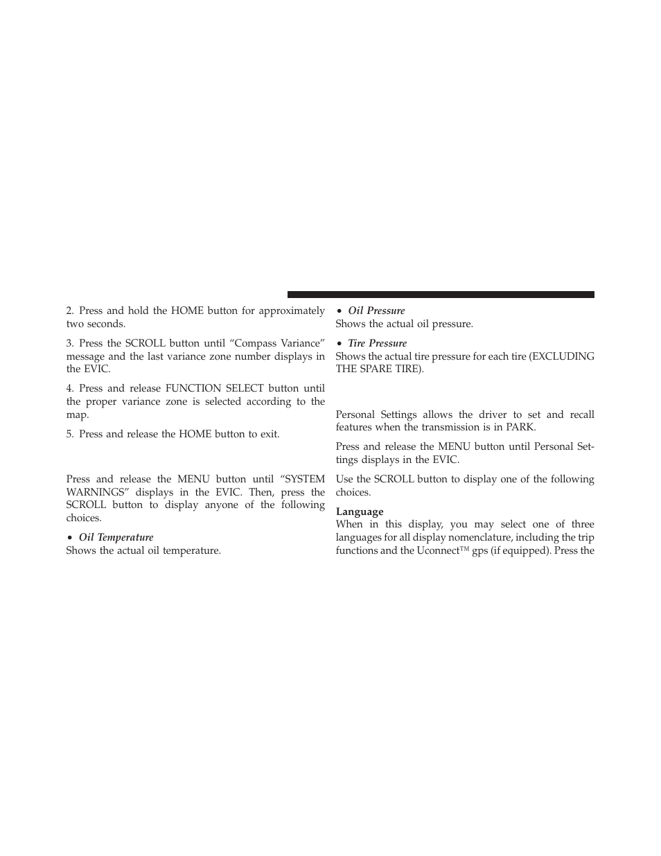 System warnings (customer information features), Personal settings (customer-programmable features), System warnings (customer information | Features), Personal settings (customer-programmable | Dodge 2010 Challenger_SRT - Owner Manual User Manual | Page 190 / 444