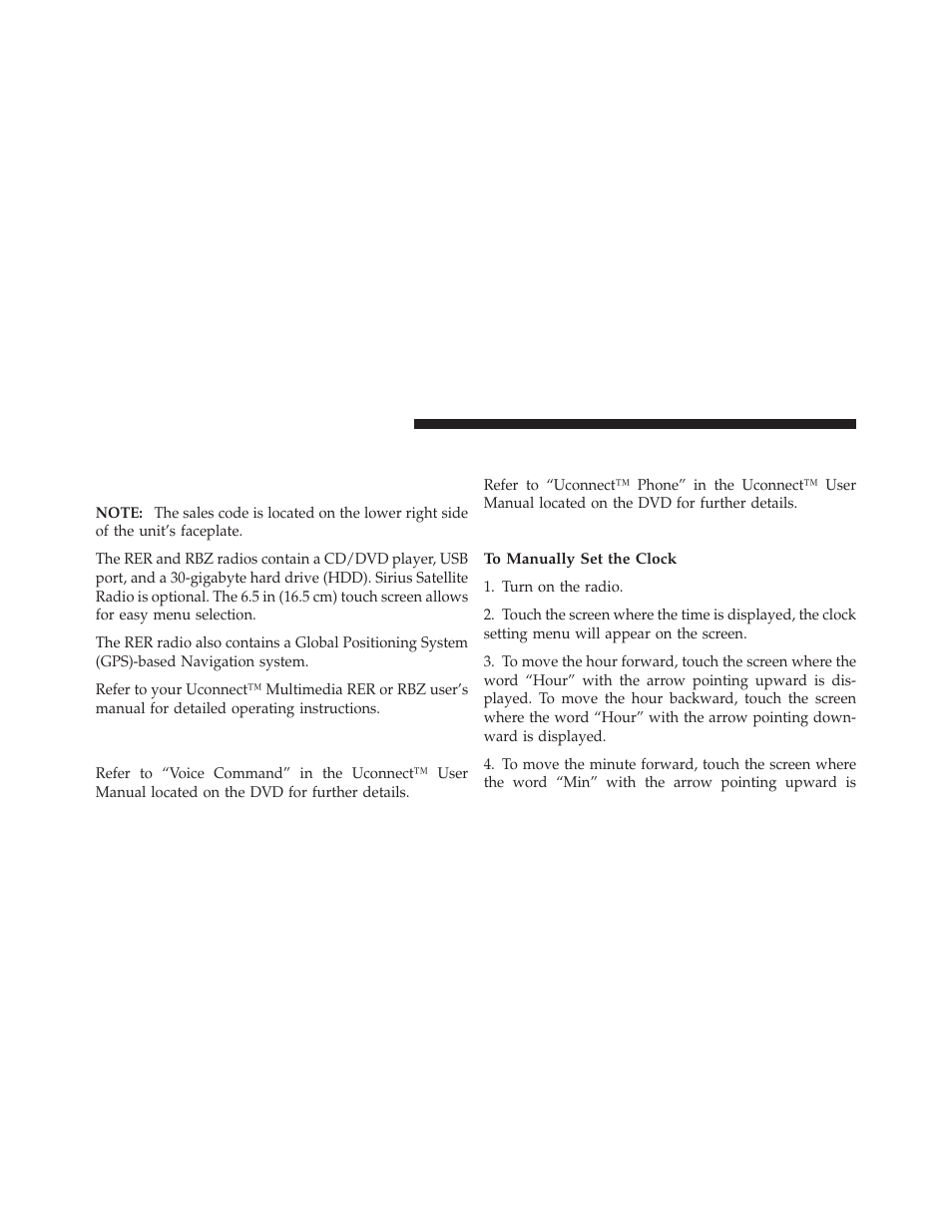 Clock setting procedure — rbz radio, Media center 730n/430 (rer/rbz), Operating instructions — voice command | System (vr) — if equipped, Operating instructions — uconnect™ phone, If equipped | Dodge 2010 Challenger_SRT - Owner Manual User Manual | Page 194 / 444