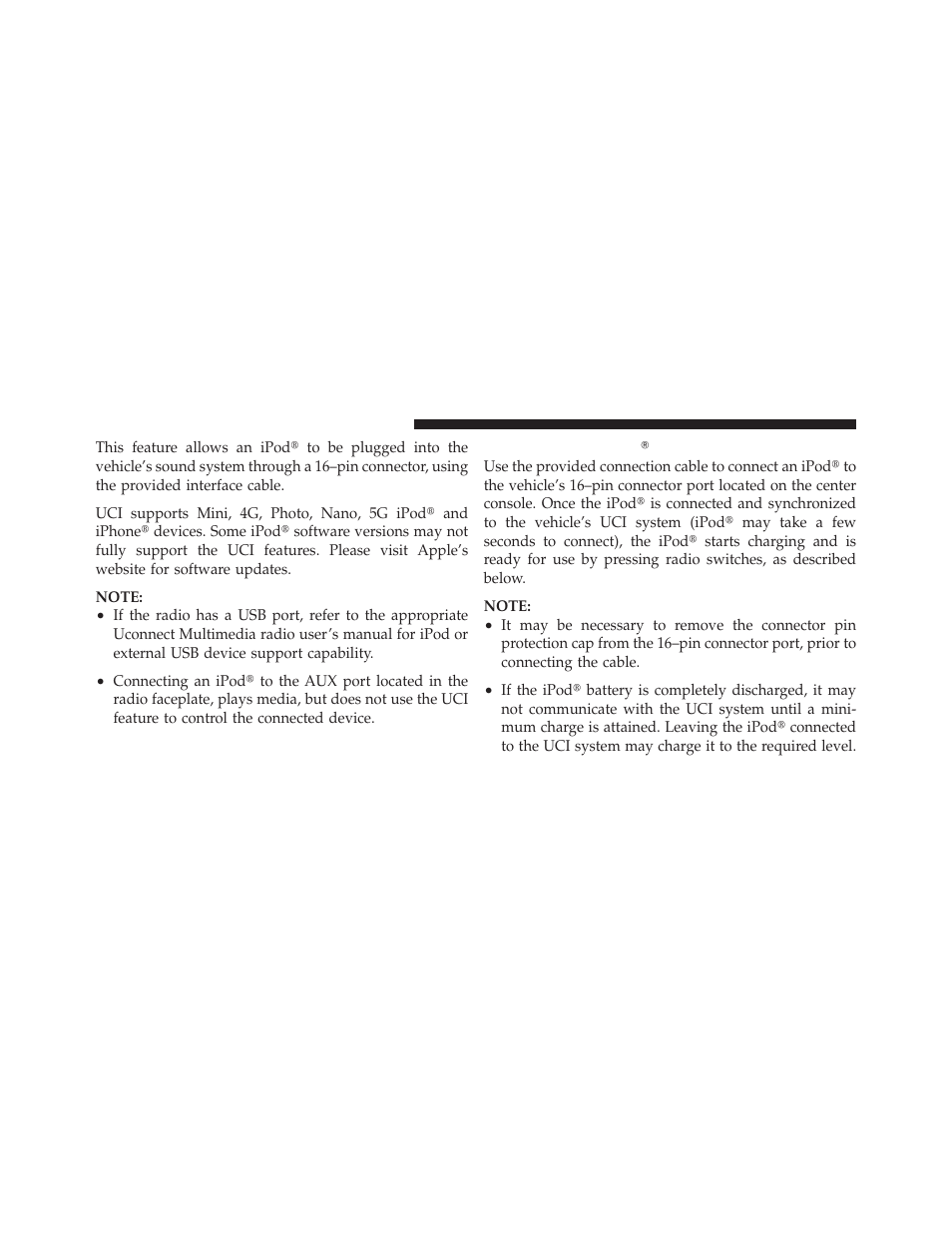 Connecting the ipodĥ, Connecting the ipod | Dodge 2010 Challenger_SRT - Owner Manual User Manual | Page 220 / 444