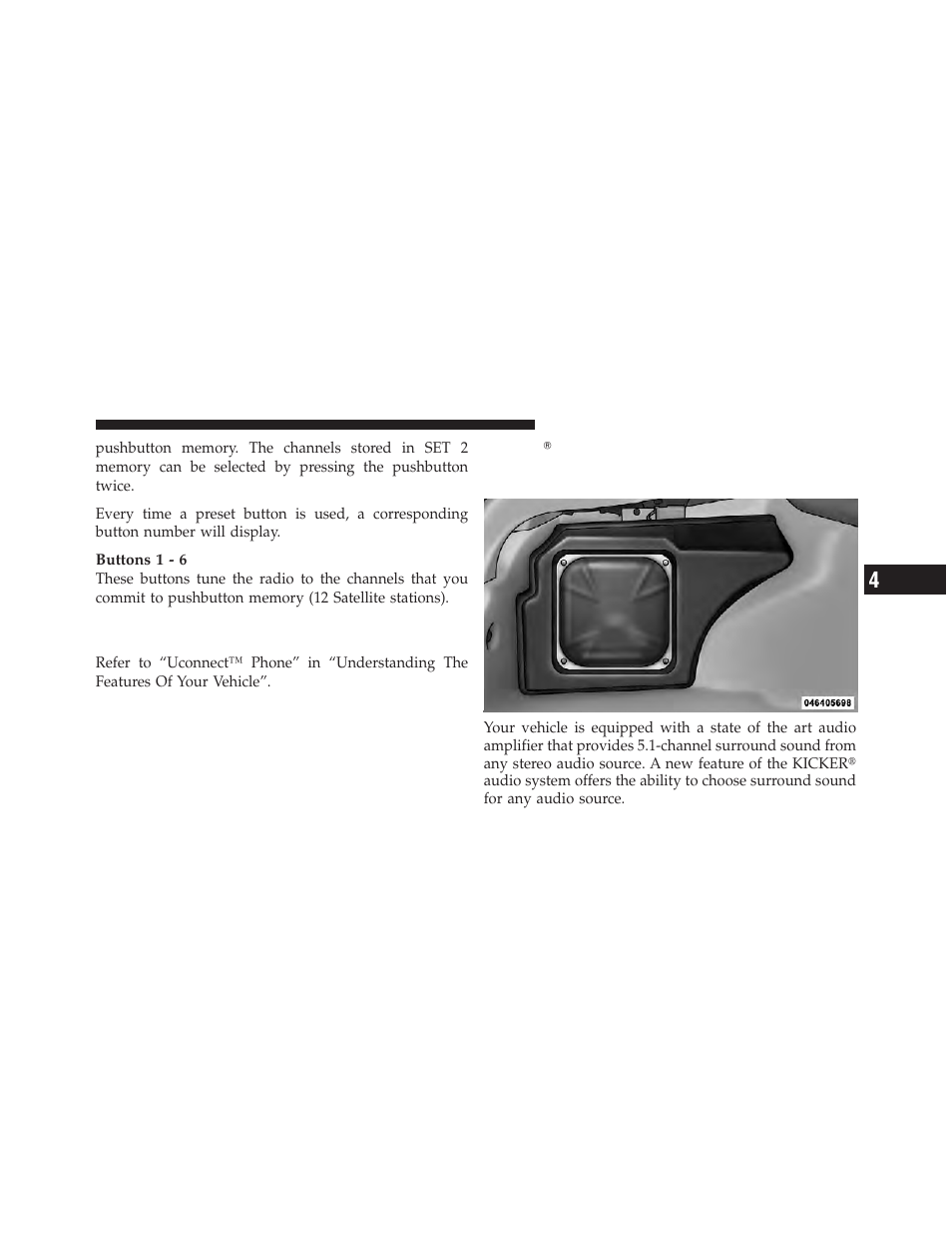 Operating instructions - uconnect™ phone, If equipped), Kicker௡ high performance sound system with | Driver-selectable surround (dss) – if equipped | Dodge 2010 Challenger_SRT - Owner Manual User Manual | Page 229 / 444