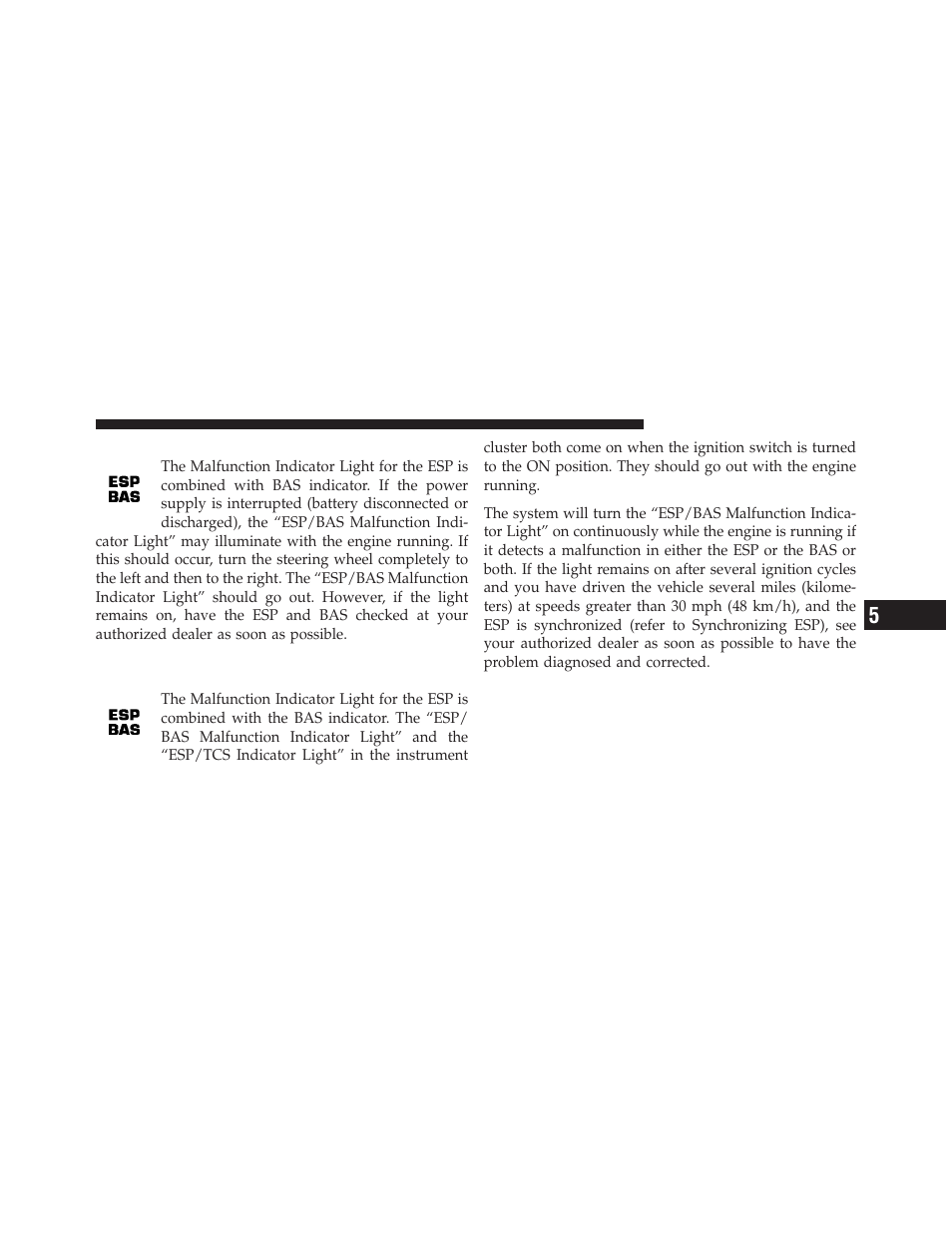 Synchronizing esp, Esp/bas malfunction indicator light and, Esp/tcs indicator light | Dodge 2010 Challenger_SRT - Owner Manual User Manual | Page 287 / 444