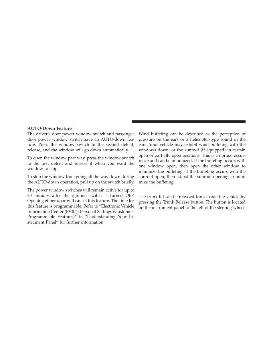 Wind buffeting, Trunk lock and release | Dodge 2010 Challenger_SRT - Owner Manual User Manual | Page 36 / 444