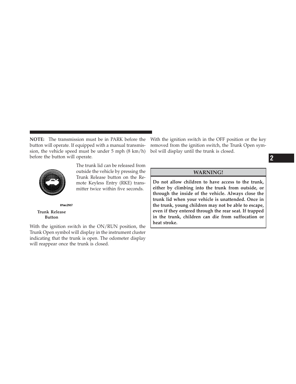 Trunk safety warning | Dodge 2010 Challenger_SRT - Owner Manual User Manual | Page 37 / 444