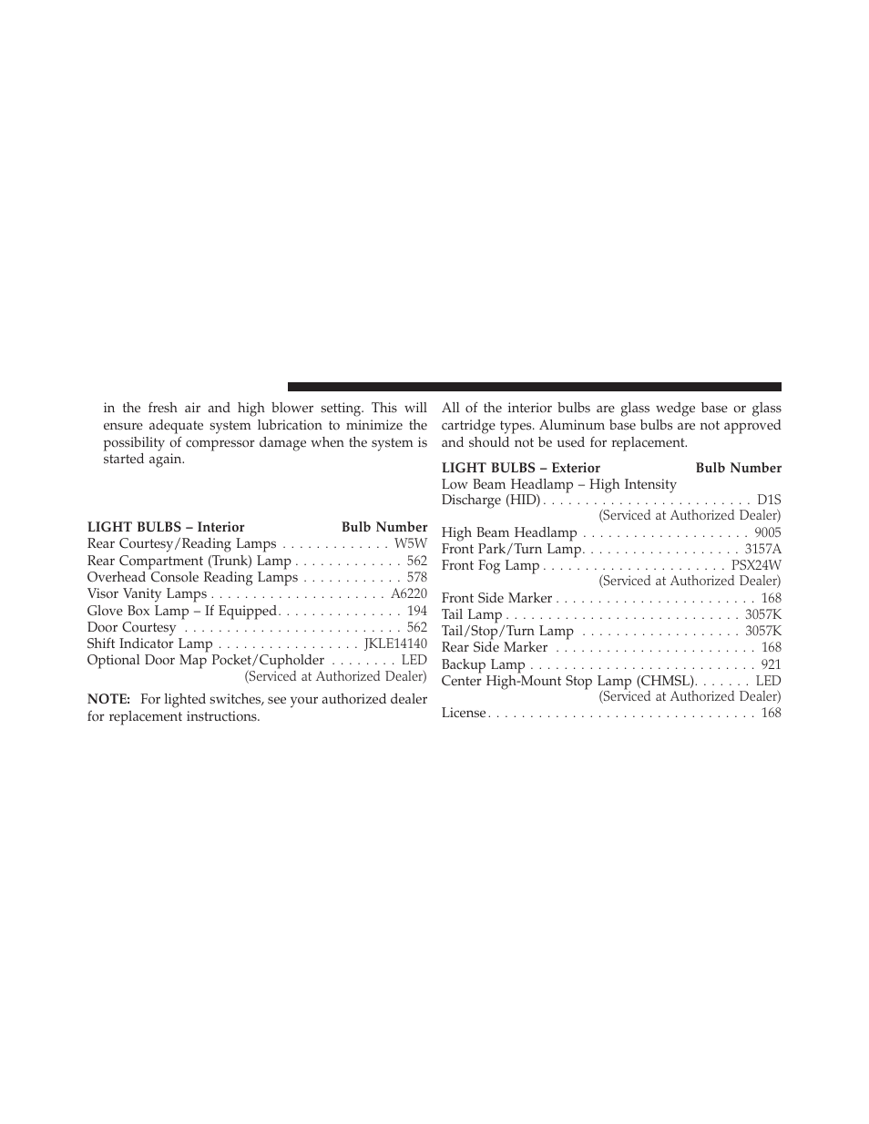 Replacement bulbs | Dodge 2010 Challenger_SRT - Owner Manual User Manual | Page 384 / 444