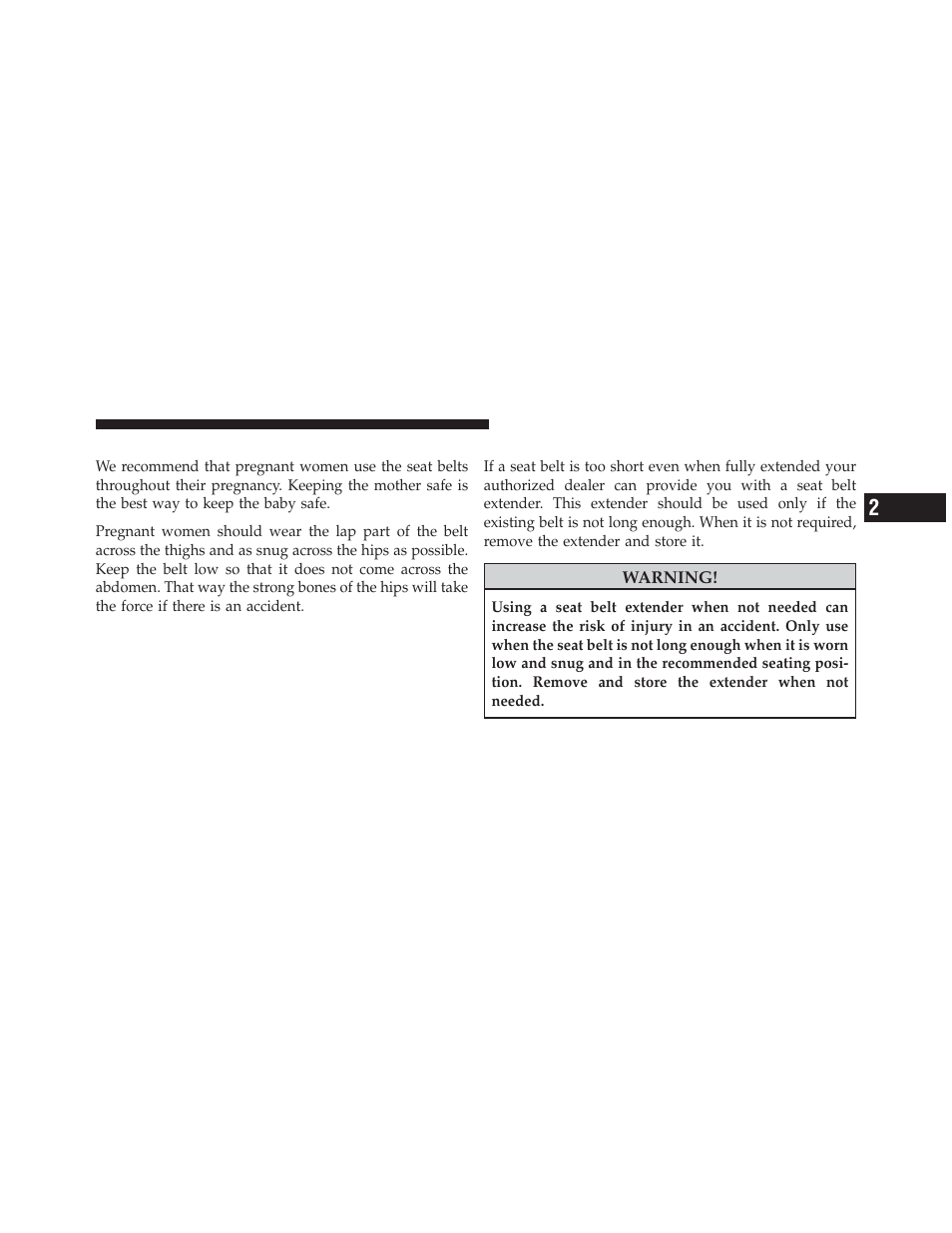 Seat belts and pregnant women, Seat belt extender | Dodge 2010 Challenger_SRT - Owner Manual User Manual | Page 49 / 444