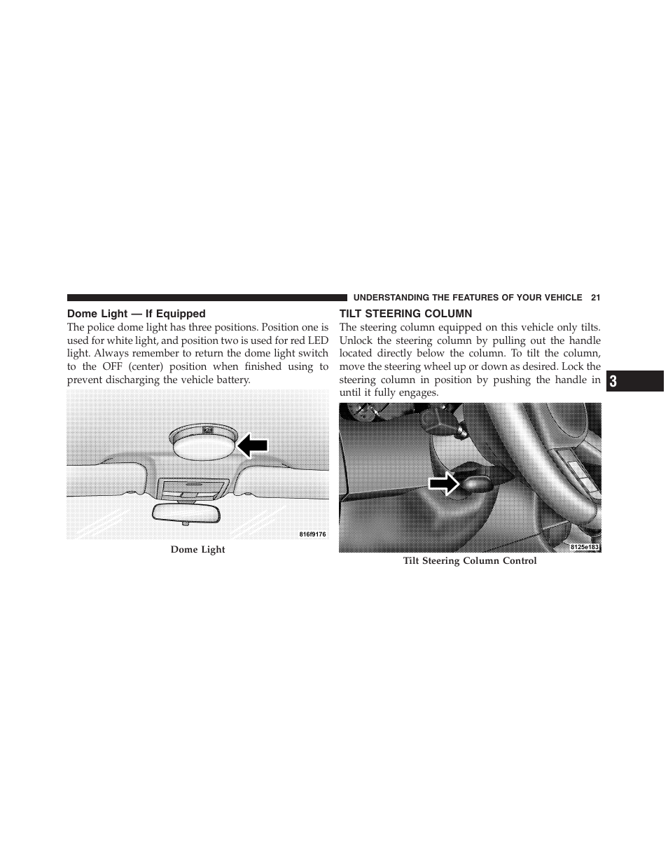 Dome light — if equipped, Tilt steering column | Dodge 2010 Charger - Supplement User Manual | Page 21 / 45