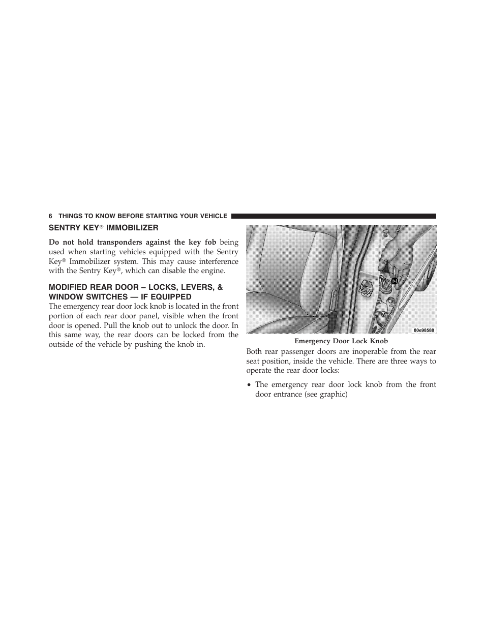 Sentry key immobilizer, Sentry key௡ immobilizer, Modified rear door – locks, levers | Window switches — if equipped | Dodge 2010 Charger - Supplement User Manual | Page 6 / 45