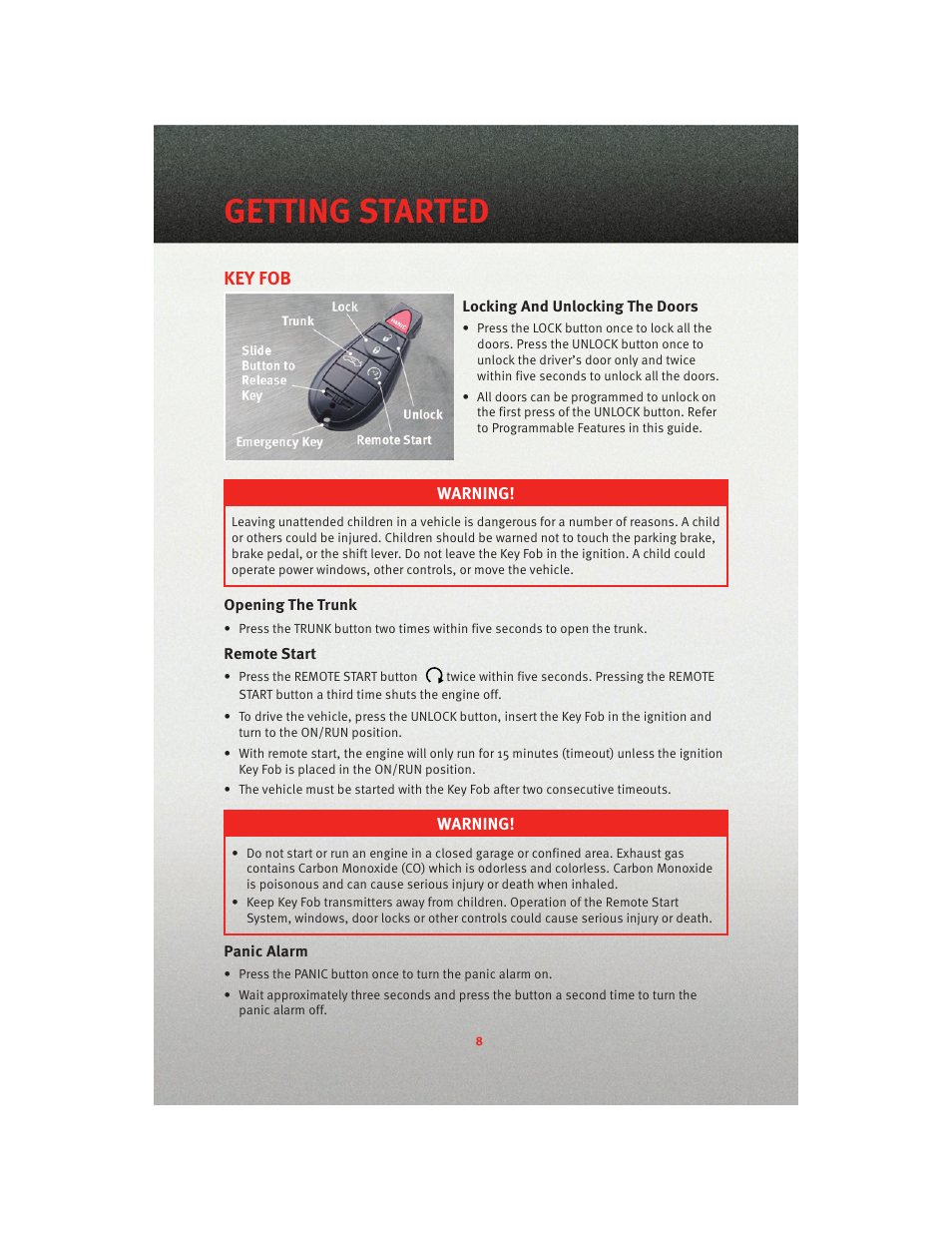 Getting started, Key fob, Locking and unlocking the doors | Opening the trunk, Remote start, Panic alarm | Dodge 2010 Charger_SRT - User Guide User Manual | Page 10 / 80