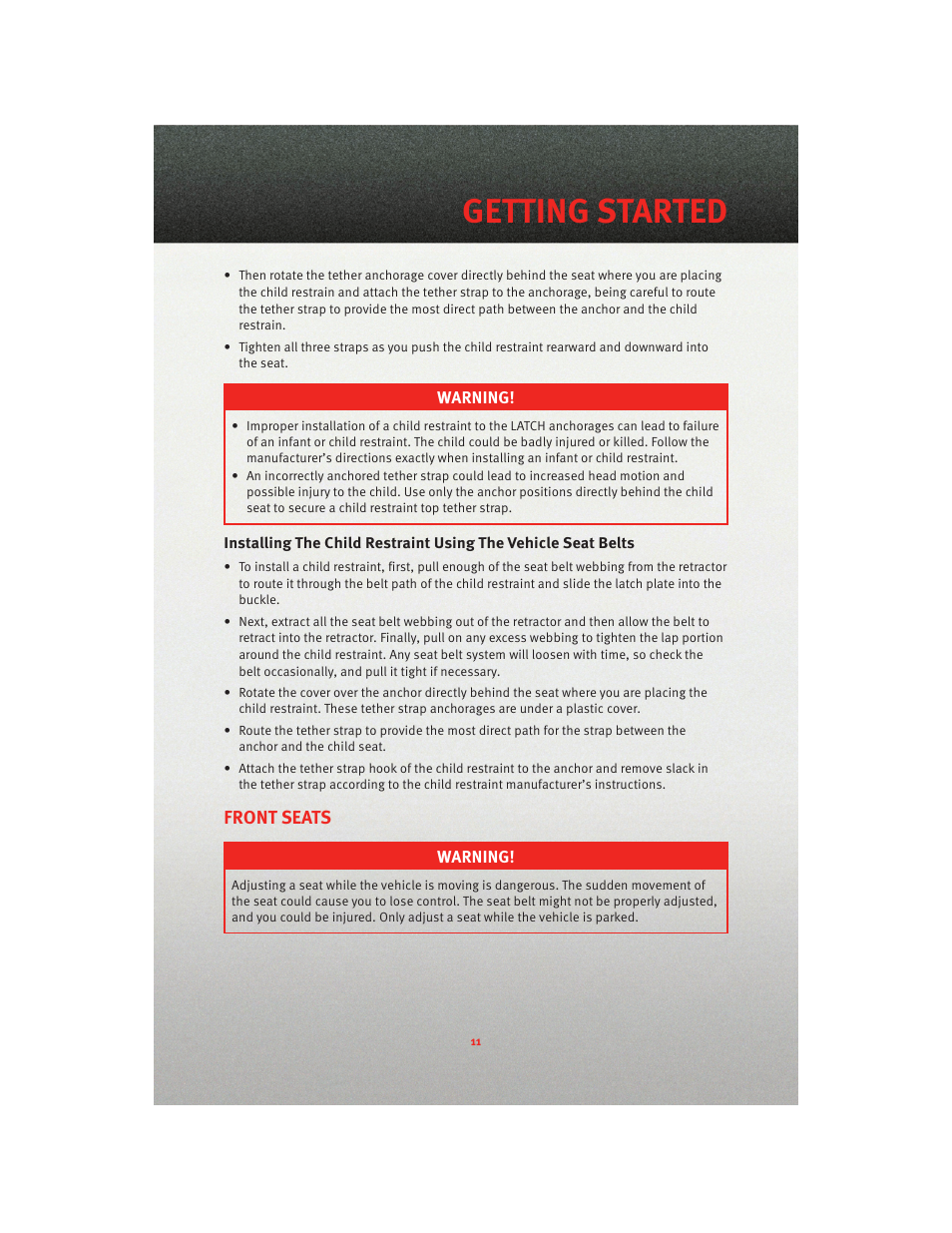 Front seats, Getting started | Dodge 2010 Charger_SRT - User Guide User Manual | Page 13 / 80