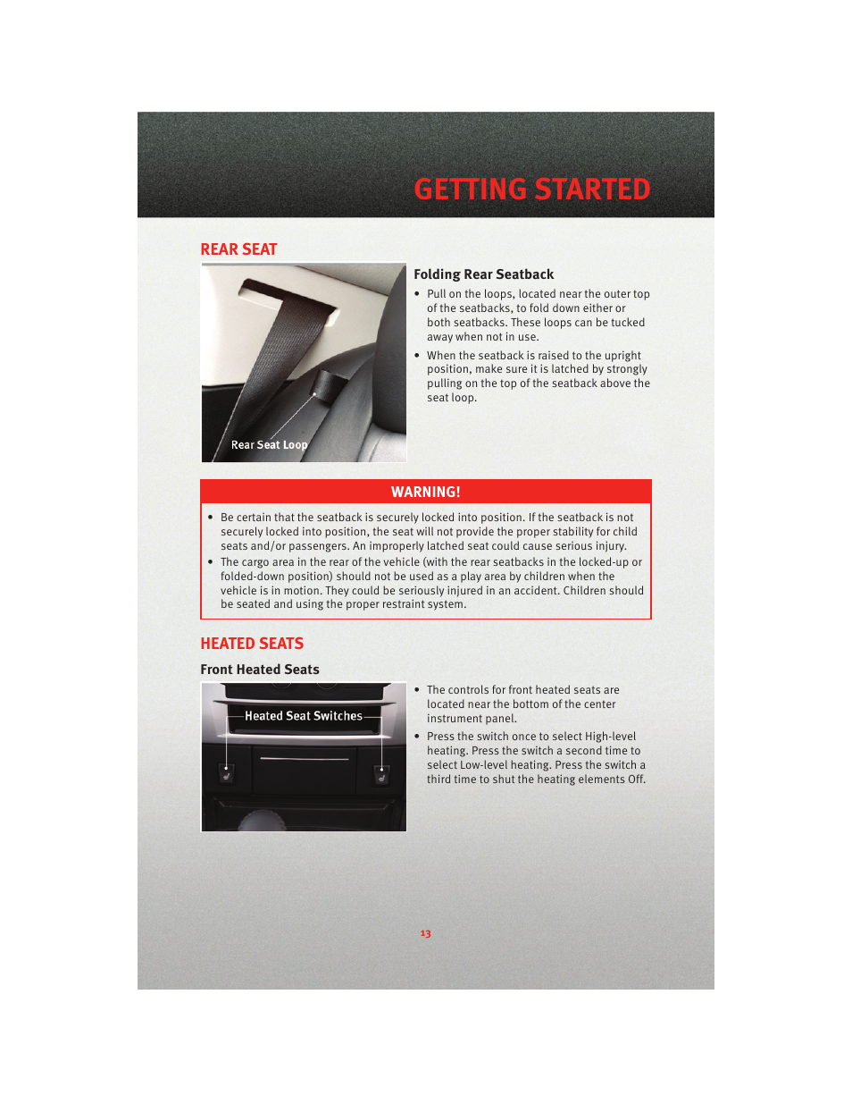 Rear seat, Folding rear seatback, Heated seats | Front heated seats, Getting started | Dodge 2010 Charger_SRT - User Guide User Manual | Page 15 / 80