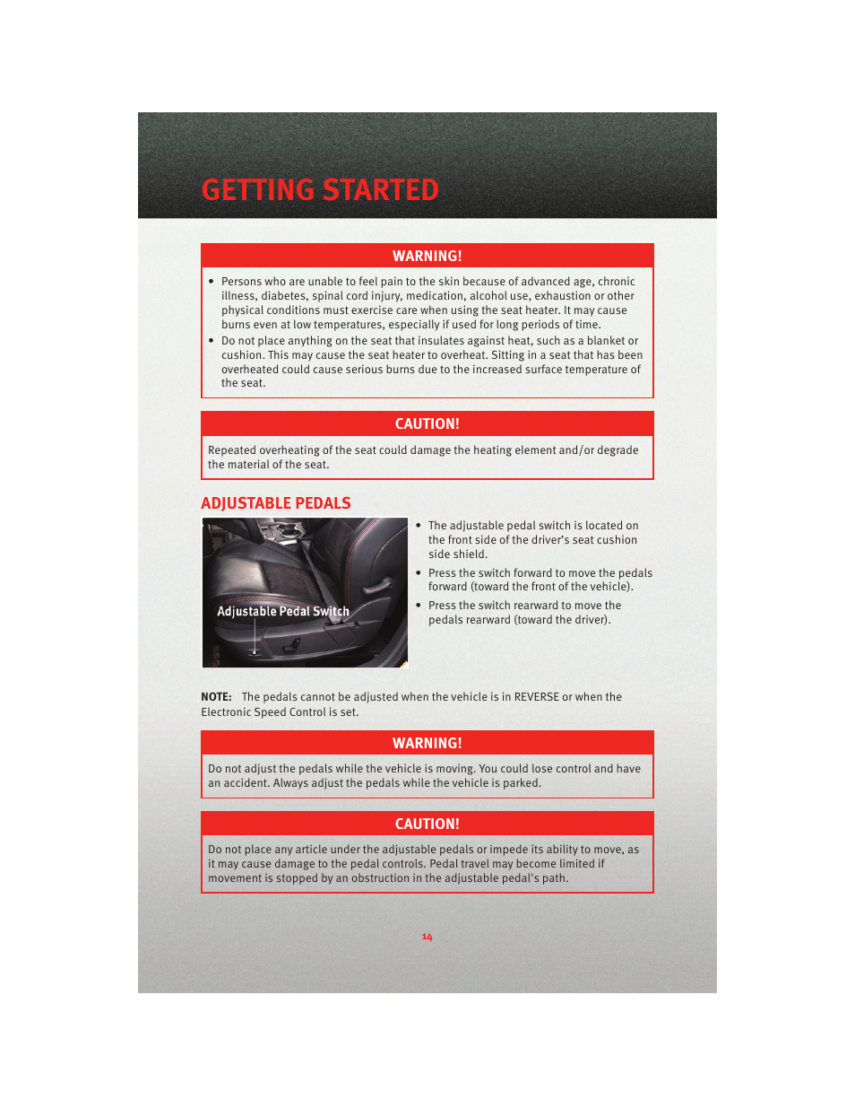 Adjustable pedals, Getting started | Dodge 2010 Charger_SRT - User Guide User Manual | Page 16 / 80
