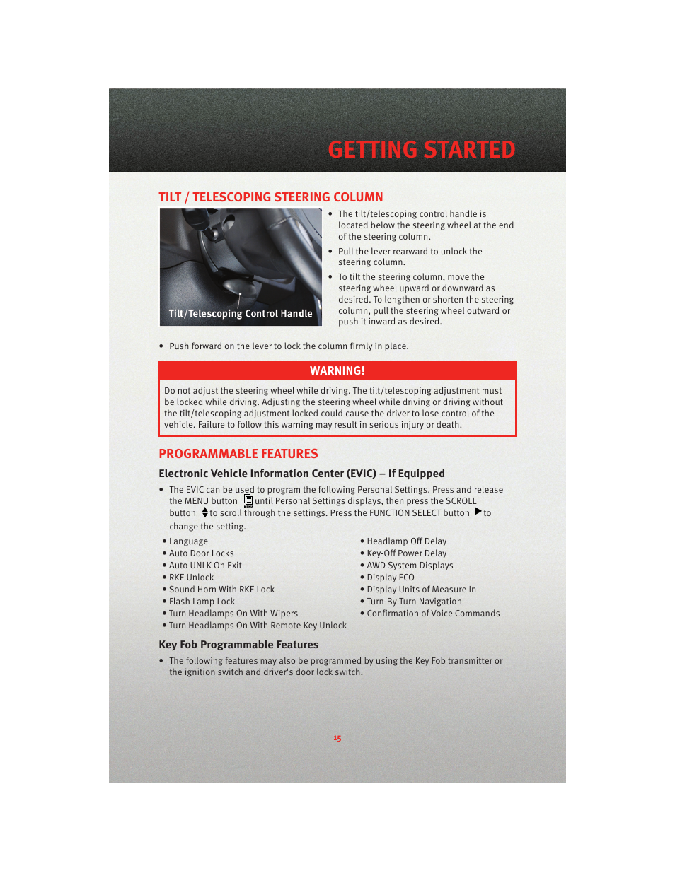 Tilt / telescoping steering column, Programmable features, Key fob programmable features | Getting started | Dodge 2010 Charger_SRT - User Guide User Manual | Page 17 / 80