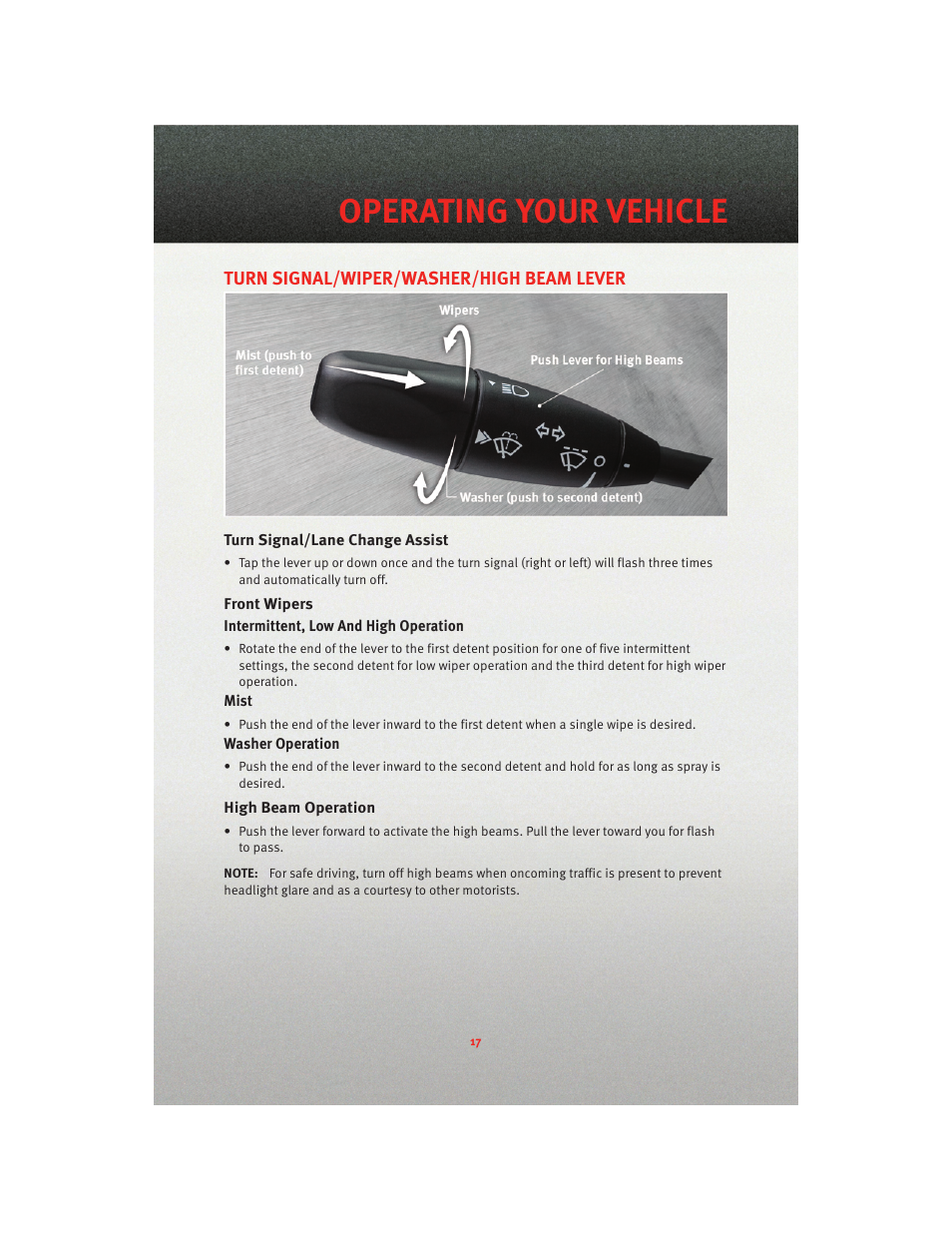 Operating your vehicle, Turn signal/wiper/washer/high beam lever, Turn signal/lane change assist | Front wipers, High beam operation | Dodge 2010 Charger_SRT - User Guide User Manual | Page 19 / 80