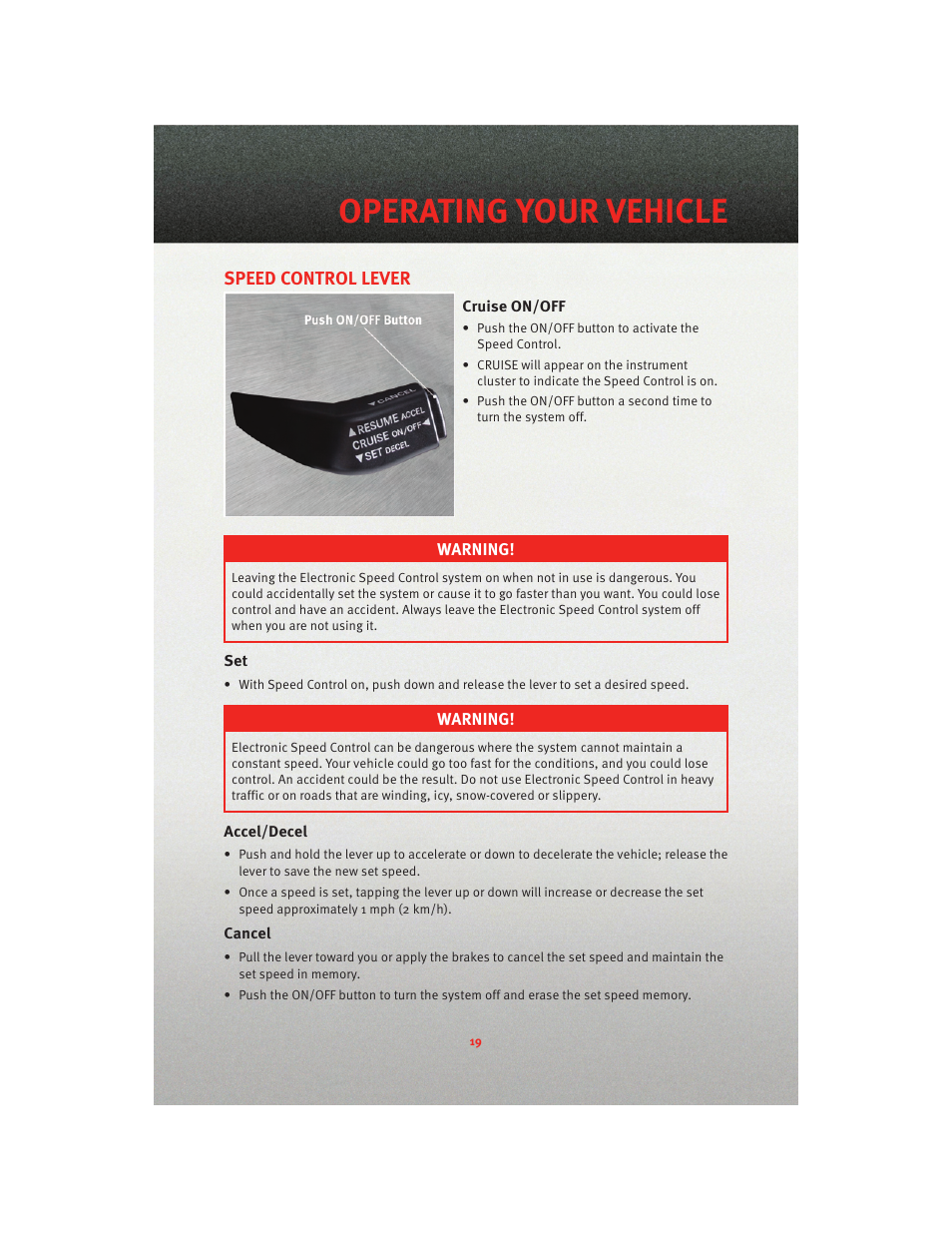 Speed control lever, Cruise on/off, Accel/decel | Cancel, Operating your vehicle | Dodge 2010 Charger_SRT - User Guide User Manual | Page 21 / 80