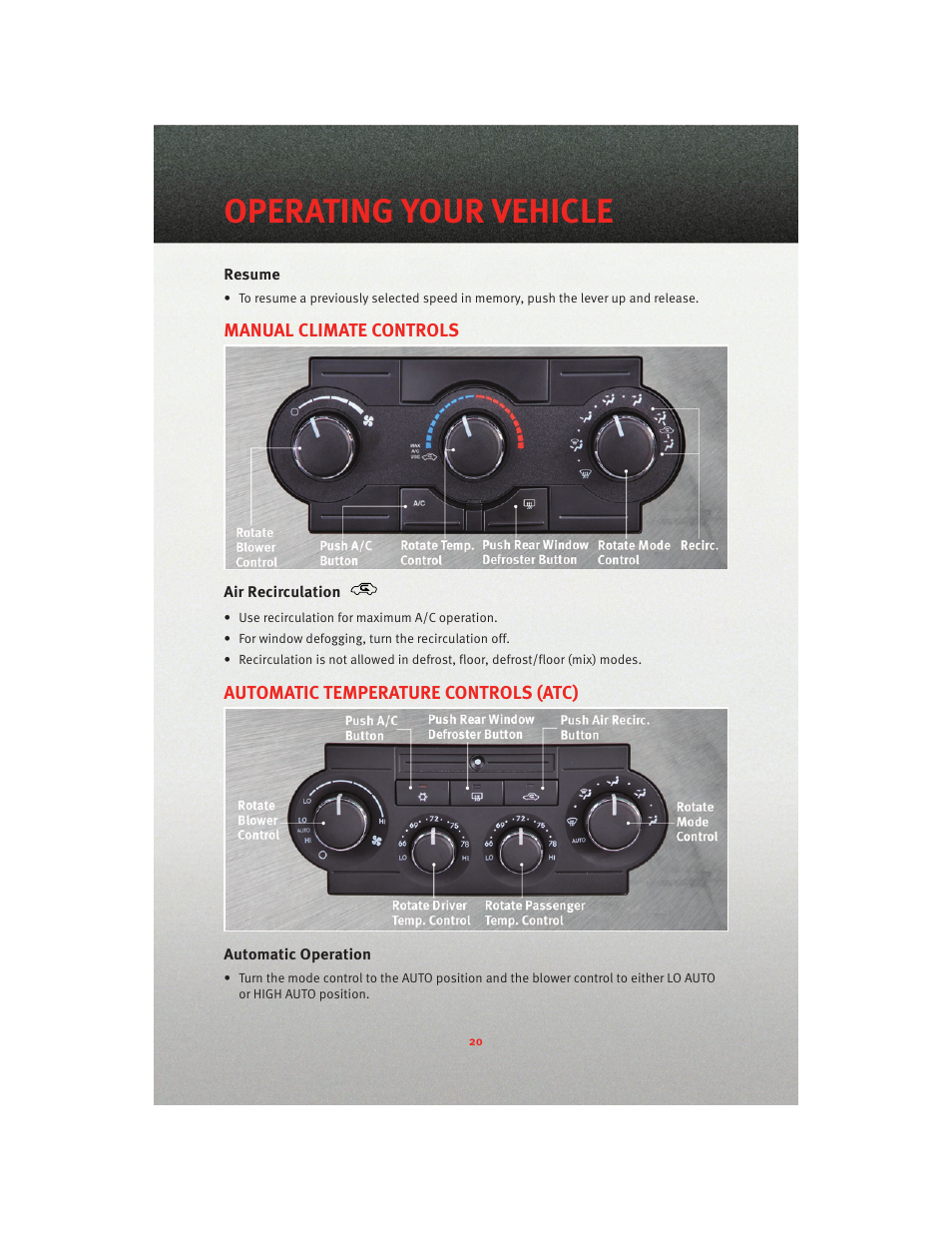 Resume, Manual climate controls, Air recirculation | Automatic temperature controls (atc), Automatic operation, Operating your vehicle | Dodge 2010 Charger_SRT - User Guide User Manual | Page 22 / 80