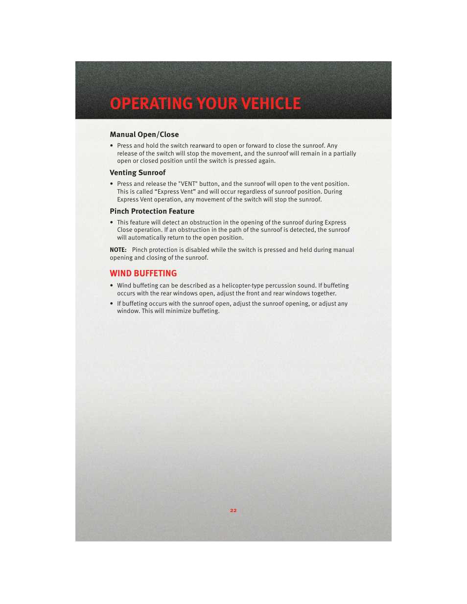 Manual open/close, Venting sunroof, Pinch protection feature | Wind buffeting, Operating your vehicle | Dodge 2010 Charger_SRT - User Guide User Manual | Page 24 / 80