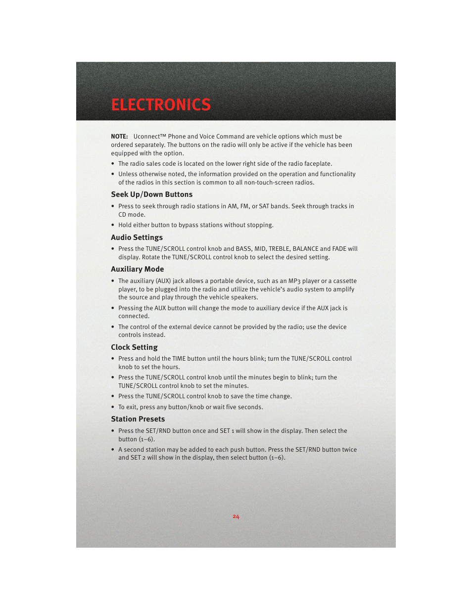 Seek up/down buttons, Audio settings, Auxiliary mode | Clock setting, Station presets, Electronics | Dodge 2010 Charger_SRT - User Guide User Manual | Page 26 / 80