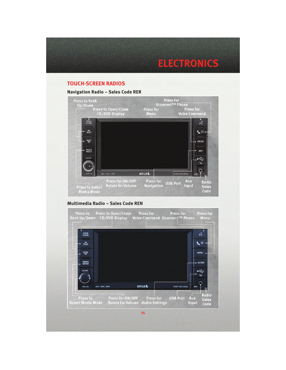 Touch-screen radios, Navigation radio – sales code rer, Multimedia radio – sales code ren | Electronics | Dodge 2010 Charger_SRT - User Guide User Manual | Page 27 / 80