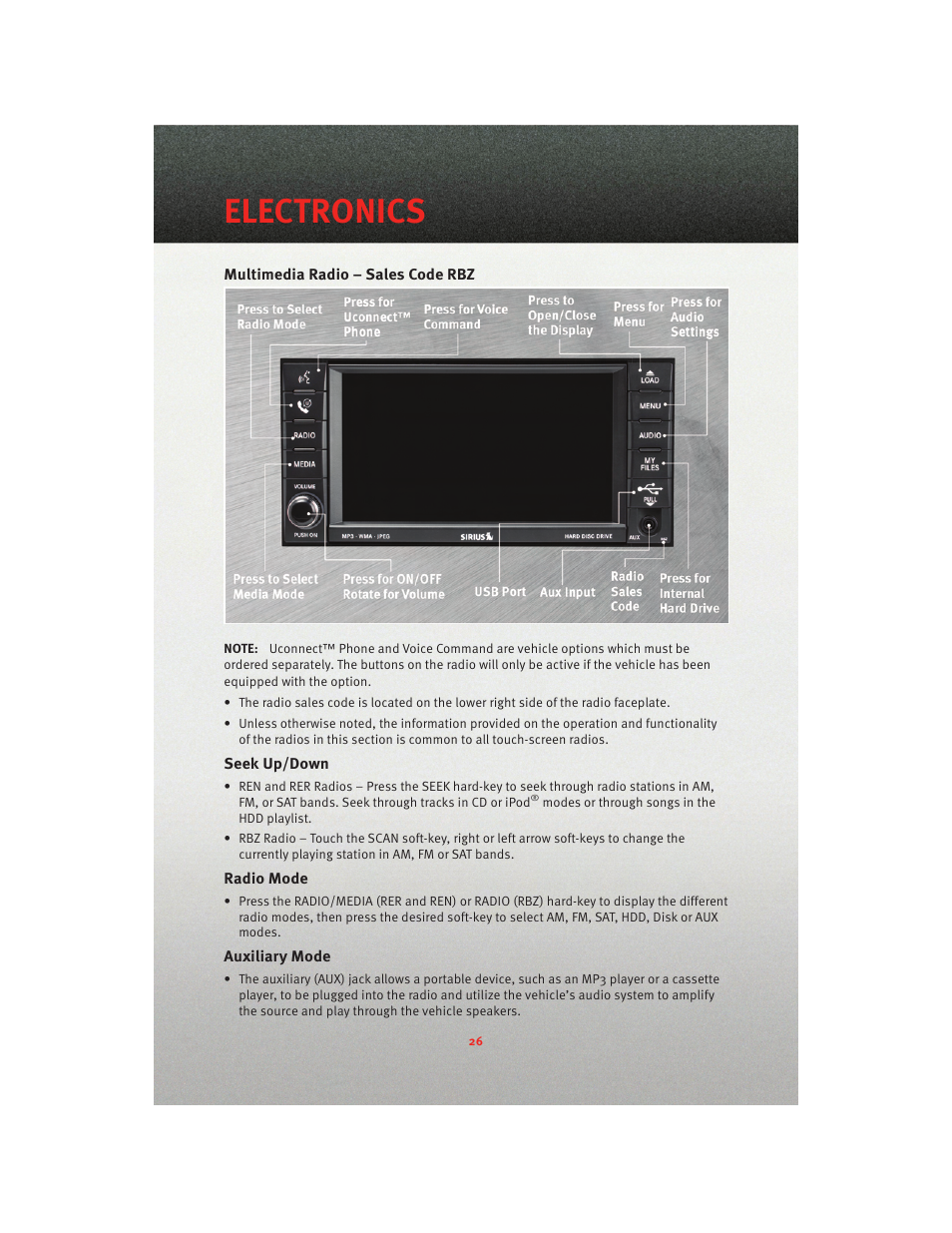 Multimedia radio – sales code rbz, Seek up/down, Radio mode | Auxiliary mode, Electronics | Dodge 2010 Charger_SRT - User Guide User Manual | Page 28 / 80