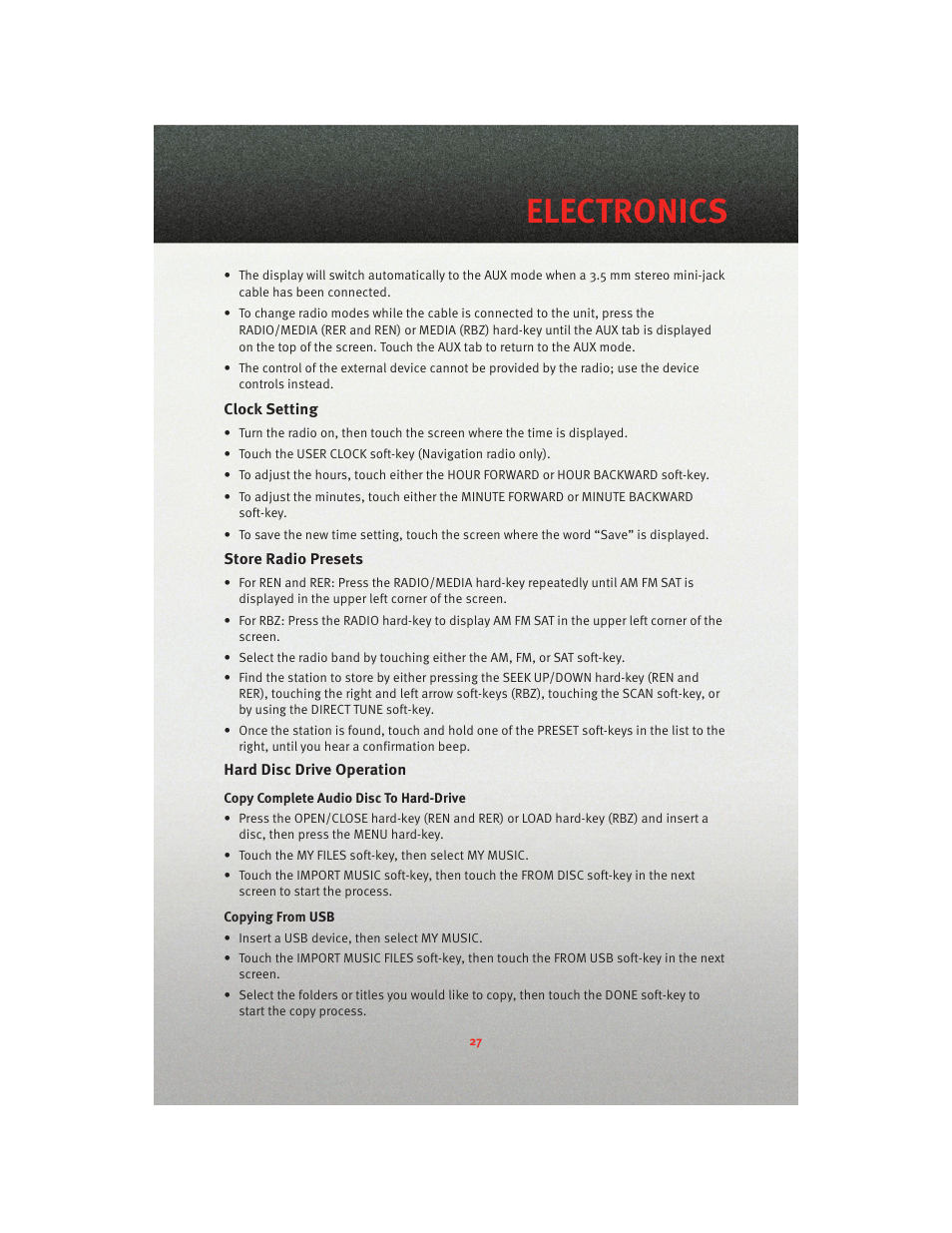 Clock setting, Store radio presets, Hard disc drive operation | Electronics | Dodge 2010 Charger_SRT - User Guide User Manual | Page 29 / 80