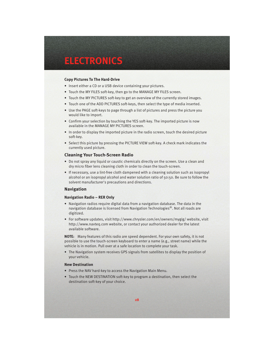Cleaning your touch-screen radio, Navigation, Electronics | Dodge 2010 Charger_SRT - User Guide User Manual | Page 30 / 80