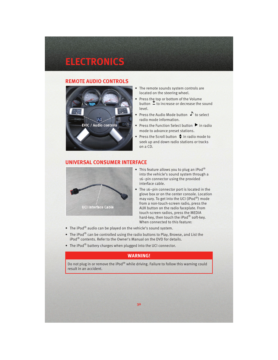 Remote audio controls, Universal consumer interface, Electronics | Warning | Dodge 2010 Charger_SRT - User Guide User Manual | Page 32 / 80